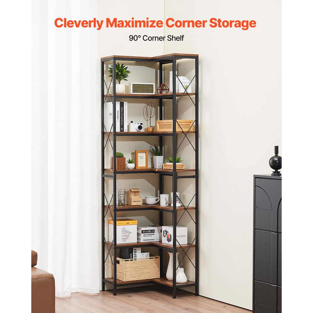 VEVOR Estante de Esquina 7 Niveles 60 x 60 x 200 cm en Forma de L Estantería de Esquina con Marco de Metal Estantes de Madera Librería de Almacenamiento para Dormitorio, Sala de Estar, Oficina