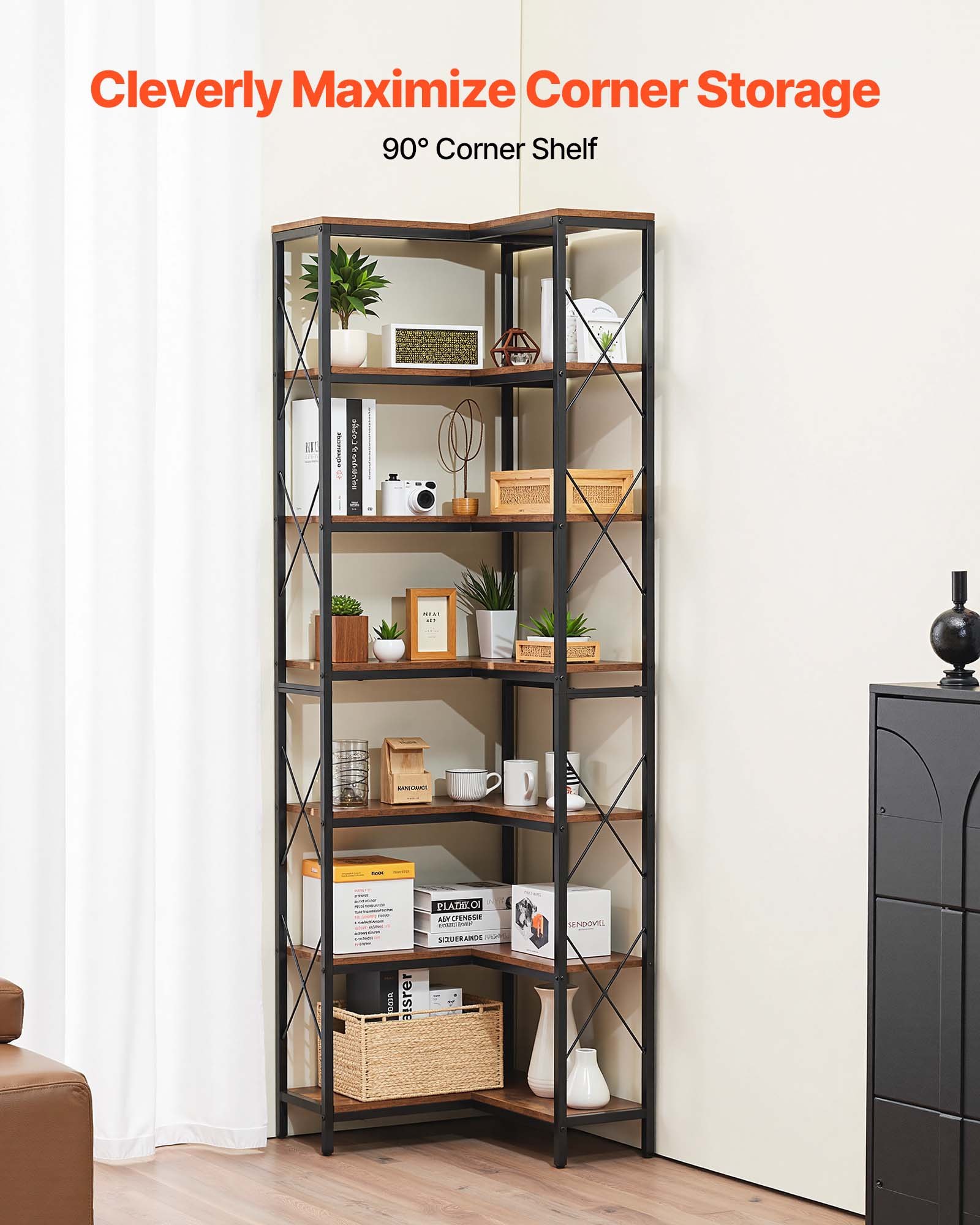 VEVOR Estante de Esquina 7 Niveles 60 x 60 x 200 cm en Forma de L Estantería de Esquina con Marco de Metal Estantes de Madera Librería de Almacenamiento para Dormitorio, Sala de Estar, Oficina