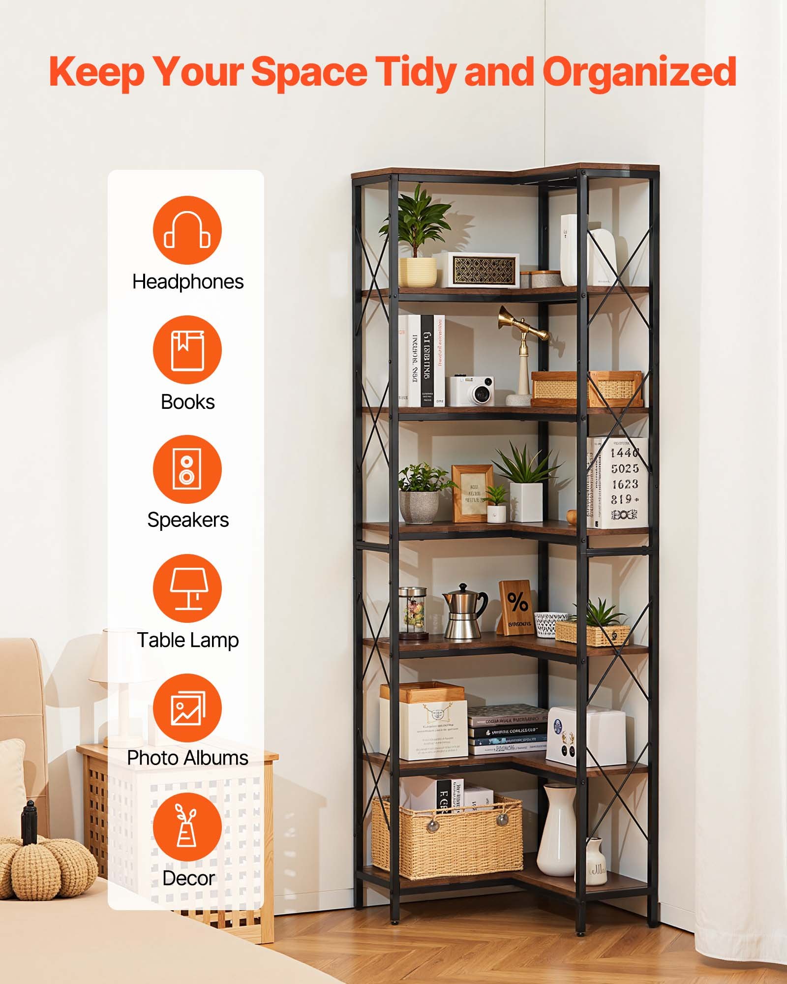 VEVOR Estante de Esquina 7 Niveles 60 x 60 x 200 cm en Forma de L Estantería de Esquina con Marco de Metal Estantes de Madera Librería de Almacenamiento para Dormitorio, Sala de Estar, Oficina