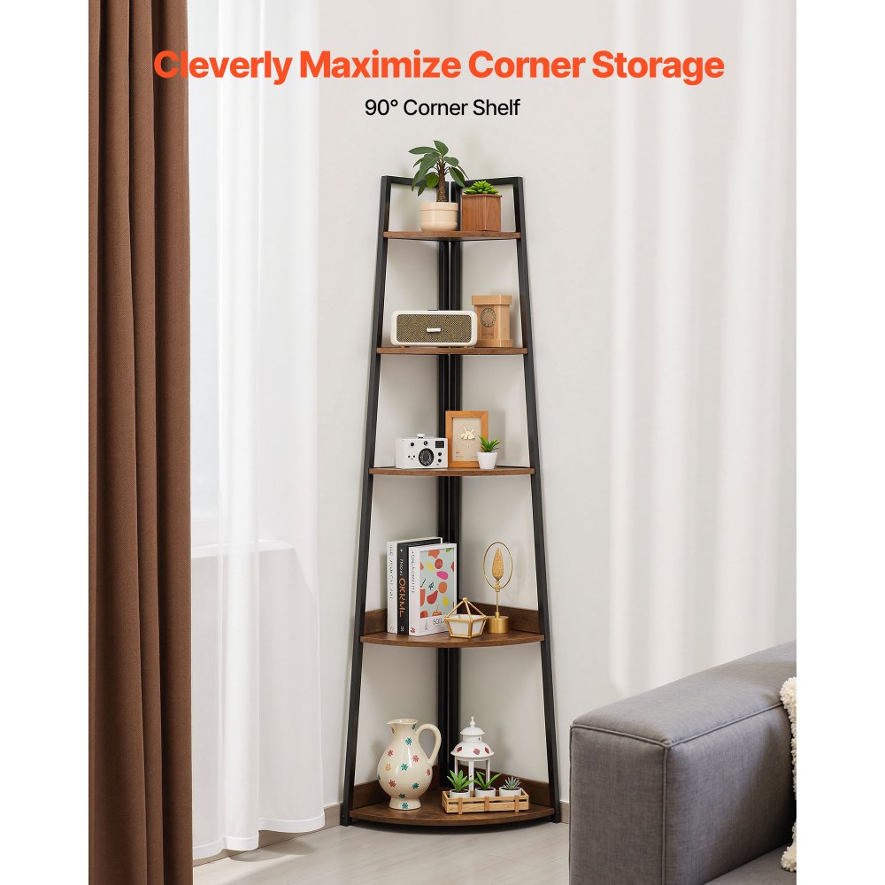 VEVOR Estante de Esquina de 5 Niveles 43 x 43 x 178 cm Estantería para Plantas con Marco de Metal y Estantes de Madera Librería de Almacenamiento para Dormitorio, Sala de Estar, Oficina, Cocina