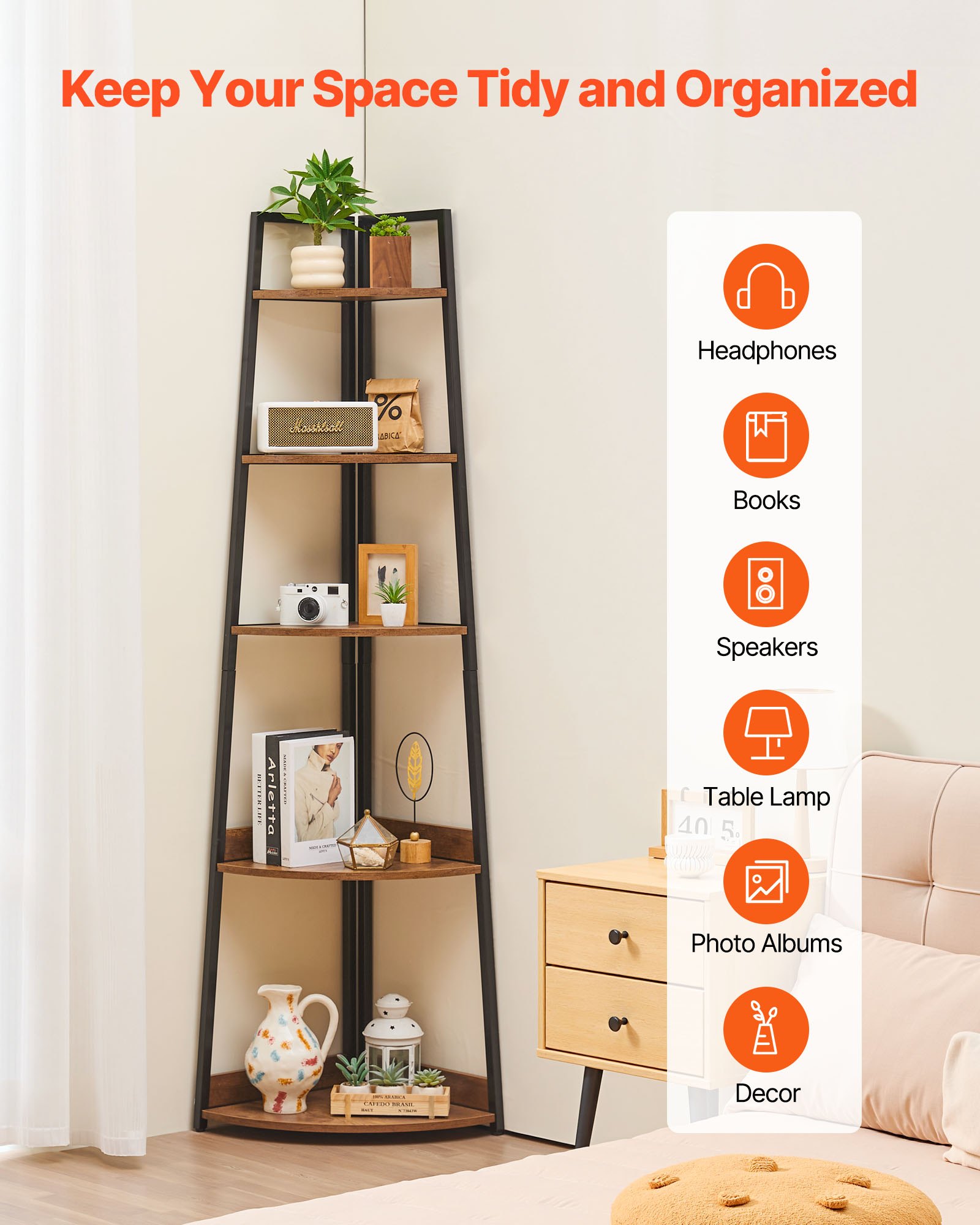 VEVOR 5 Tier Corner Shelf, Tall Corner Bookshelf Plant Rack, Wall Shelves Tower Storage Organizer with Metal Frame & Wooden Shelves, Narrow Display Book Shelf Rack for Bedroom, Living Room, Office