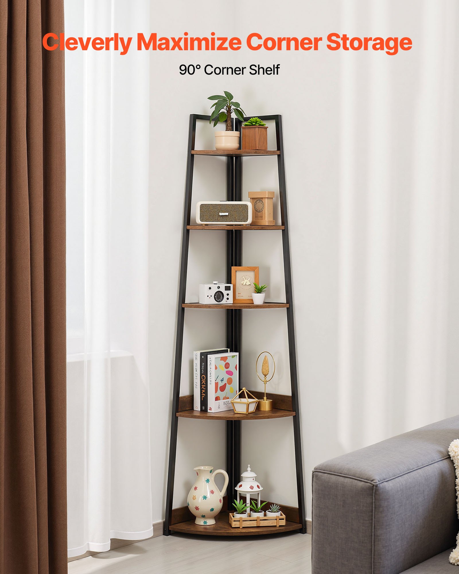 VEVOR Estante de Esquina de 5 Niveles 43 x 43 x 178 cm Estantería para Plantas con Marco de Metal y Estantes de Madera Librería de Almacenamiento para Dormitorio, Sala de Estar, Oficina, Cocina