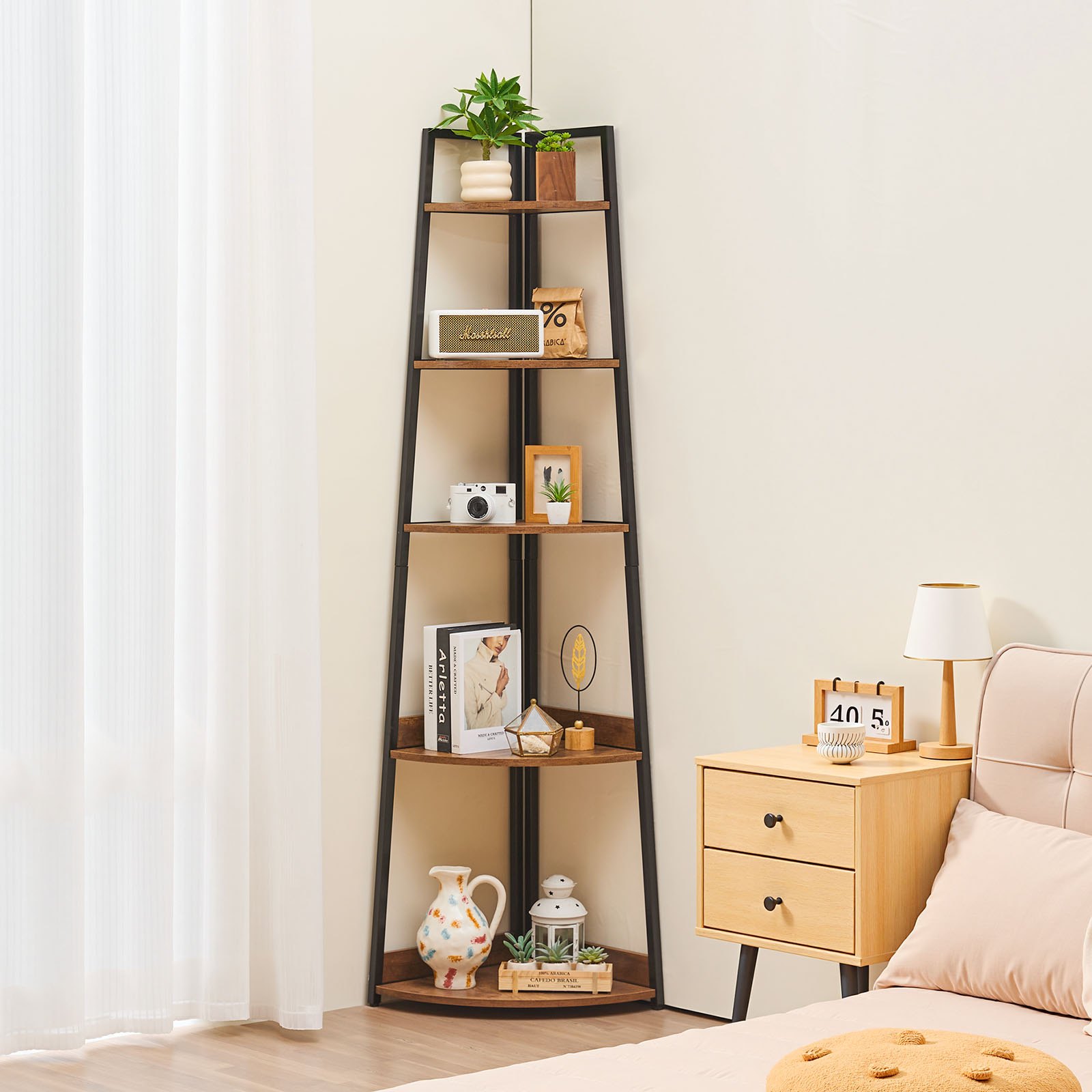 VEVOR Estante de Esquina de 5 Niveles 43 x 43 x 178 cm Estantería para Plantas con Marco de Metal y Estantes de Madera Librería de Almacenamiento para Dormitorio, Sala de Estar, Oficina, Cocina
