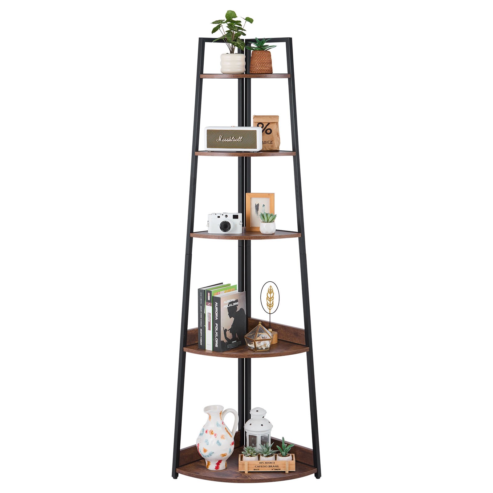 VEVOR Estante de Esquina de 5 Niveles 43 x 43 x 178 cm Estantería para Plantas con Marco de Metal y Estantes de Madera Librería de Almacenamiento para Dormitorio, Sala de Estar, Oficina, Cocina