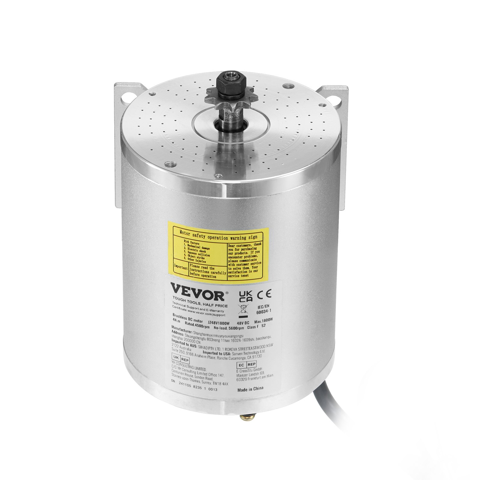 VEVOR Kit de Motor Eléctrico de CC sin Escobillas 1800 W, 48 V y 4500 RPM Controlador de Velocidad Mejorado y Kit de Acelerador de Pedal para Bicicletas Eléctricas, Motocicletas, 134 x 107 x 112 mm