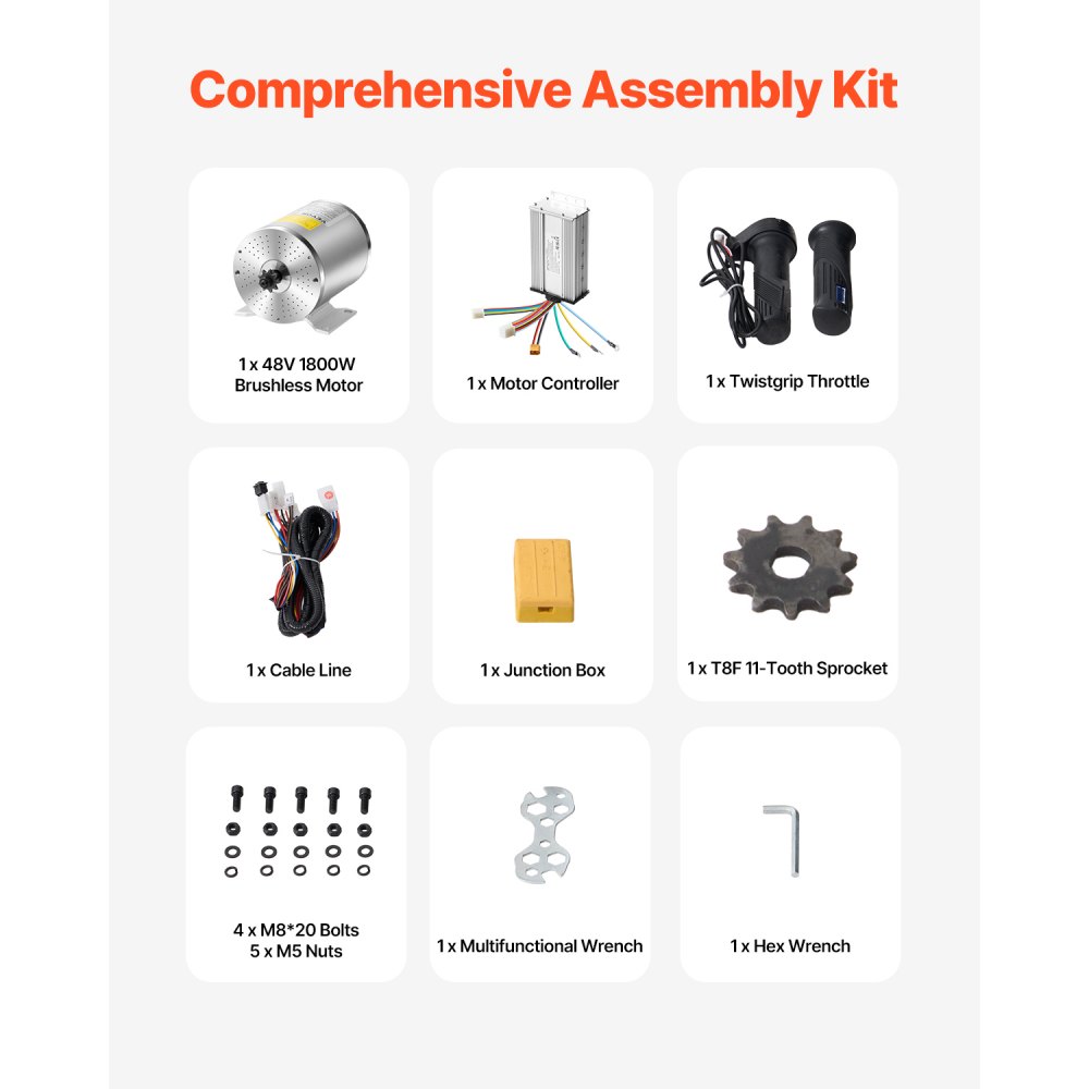 VEVOR Kit de Motor Eléctrico sin Escobillas de CC 1800 W, 48 V y 4500 RPM con Controlador de Velocidad Mejorado, Kit de Empuñadura del Acelerador para Bicicletas Eléctricas, con Caja de Conexiones