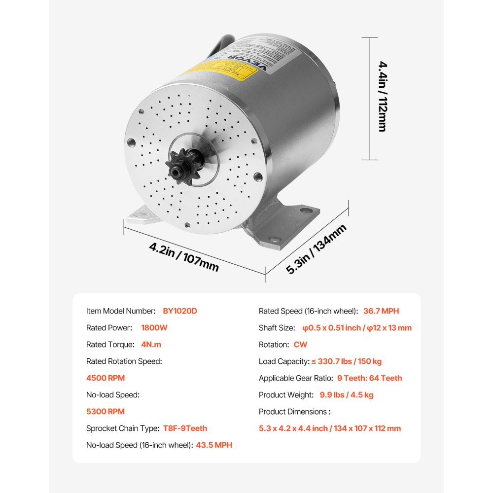 VEVOR Motor Eléctrico sin Escobillas de CC 1800 W, Motor Eléctrico para Karts 48 V y 4500 RPM, Motor Eléctrico para Motos de Cross, Scooters y Bicicletas Eléctricas, Carga 150 kg, 134 x 107 x 112 mm
