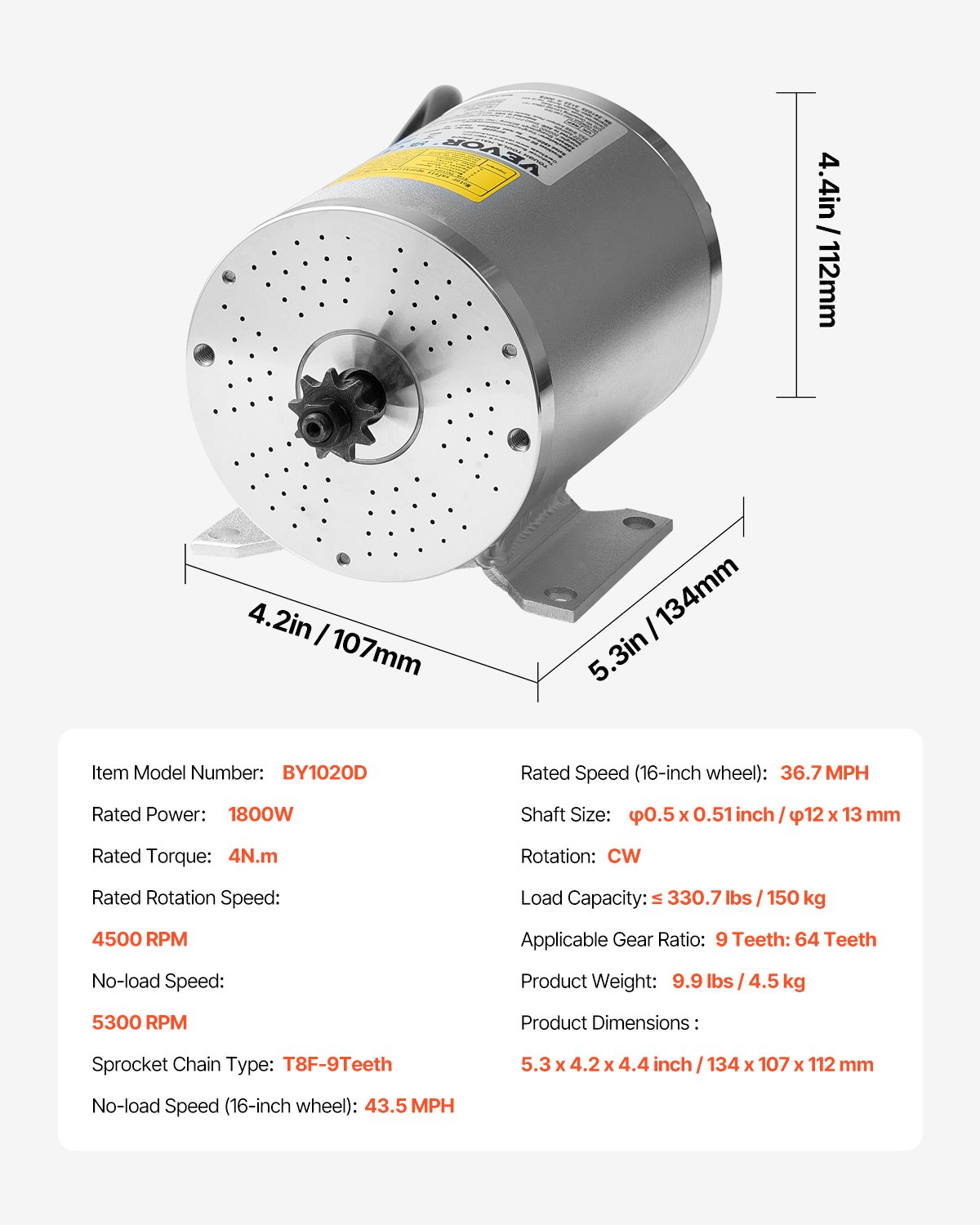 VEVOR Motor Eléctrico sin Escobillas de CC 1800 W, Motor Eléctrico para Karts 48 V y 4500 RPM, Motor Eléctrico para Motos de Cross, Scooters y Bicicletas Eléctricas, Carga 150 kg, 134 x 107 x 112 mm