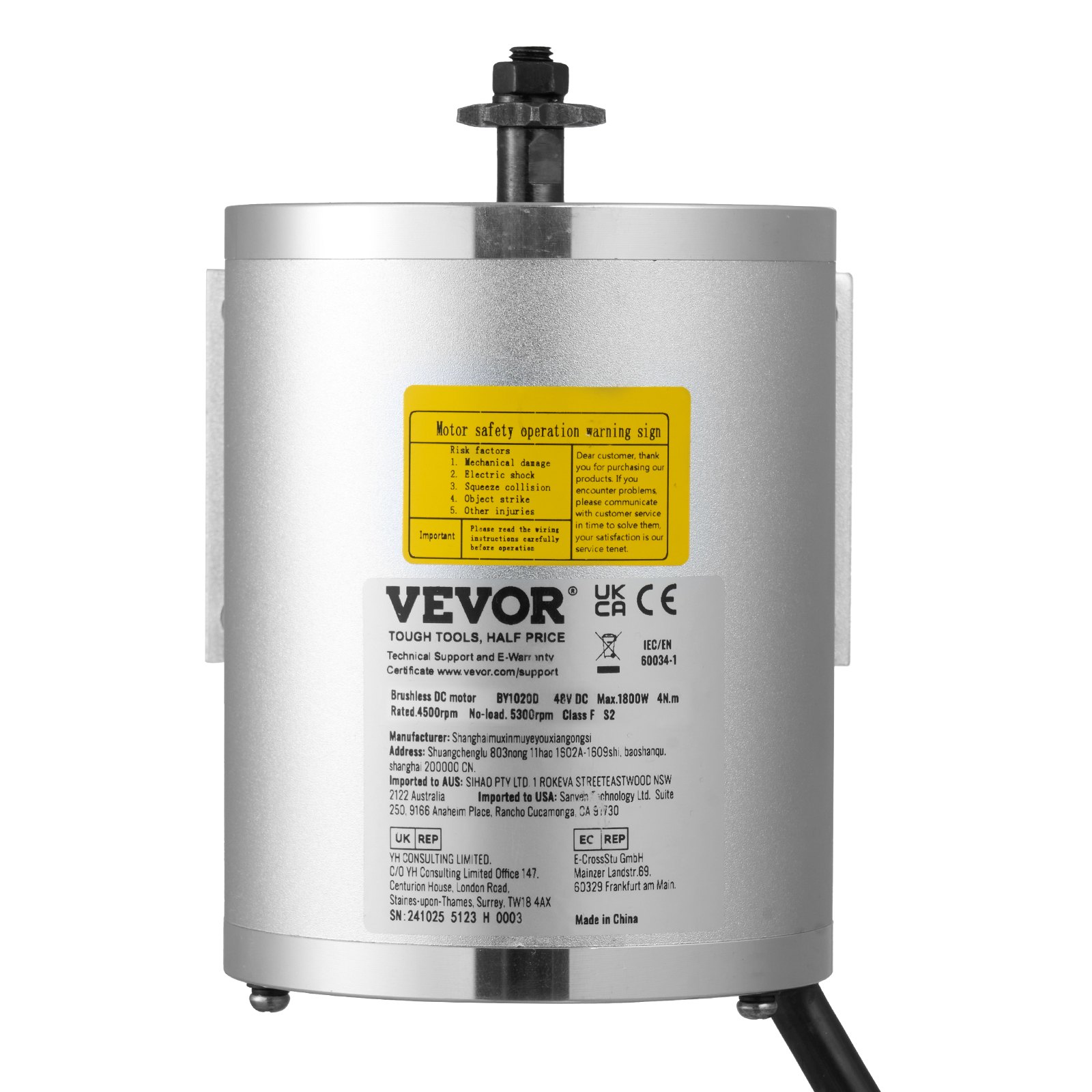 VEVOR Motor Eléctrico sin Escobillas de CC 1800 W, Motor Eléctrico para Karts 48 V y 4500 RPM, Motor Eléctrico para Motos de Cross, Scooters y Bicicletas Eléctricas, Carga 150 kg, 134 x 107 x 112 mm