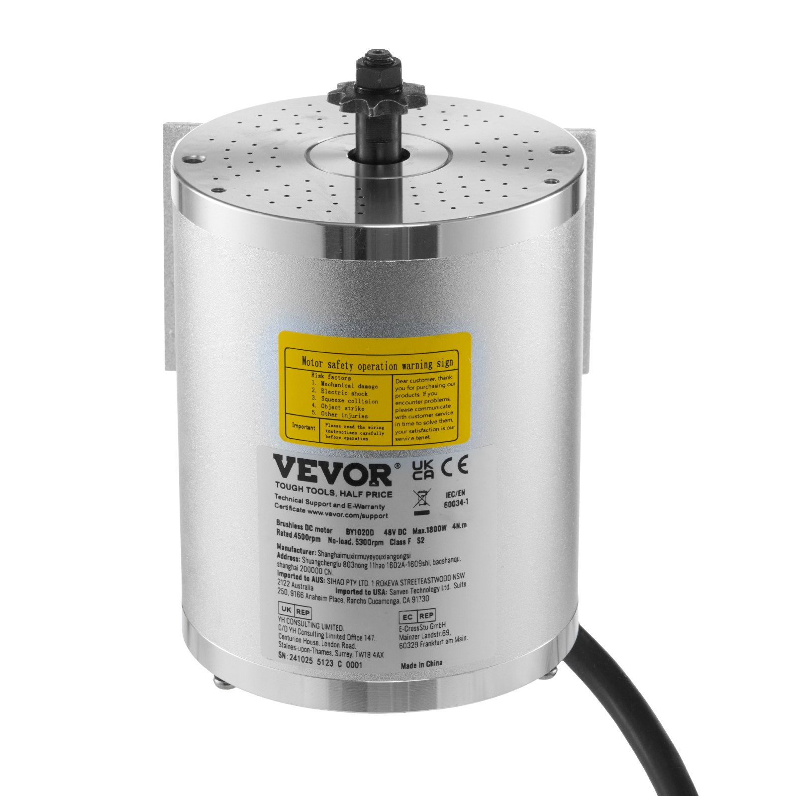 VEVOR Motor Eléctrico sin Escobillas de CC 1800 W, Motor Eléctrico para Karts 48 V y 4500 RPM, Motor Eléctrico para Motos de Cross, Scooters y Bicicletas Eléctricas, Carga 150 kg, 134 x 107 x 112 mm