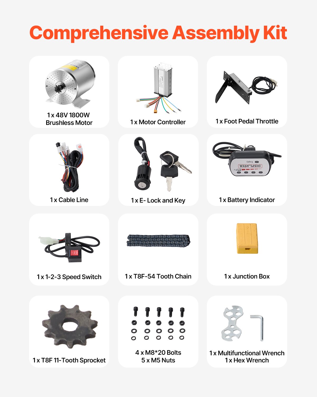 VEVOR Kit de Motor Eléctrico sin Escobillas de CC 1800 W, 48 V y 4500 RPM con Controlador de Velocidad Mejorado, y Kit de Empuñadura del Acelerador para Bicicletas Eléctricas, con Pedal Acelerador