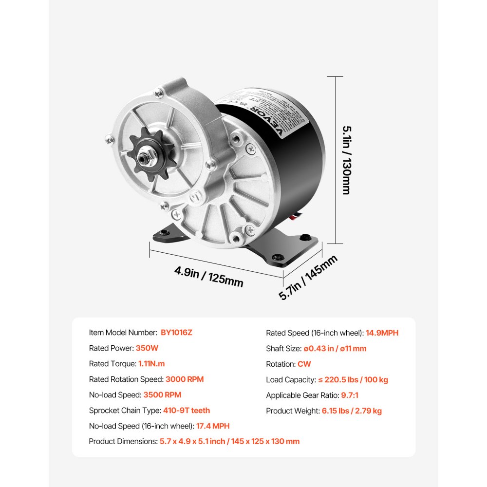 VEVOR Motor Eléctrico Potente de CC de 350 W, Motor Eléctrico para Karts de 24 V y 3000 RPM, Motor Eléctrico para Motos de Cross, Scooters y Bicicletas Eléctricas, 1,11 N.m, 145 x 125 x 130 mm
