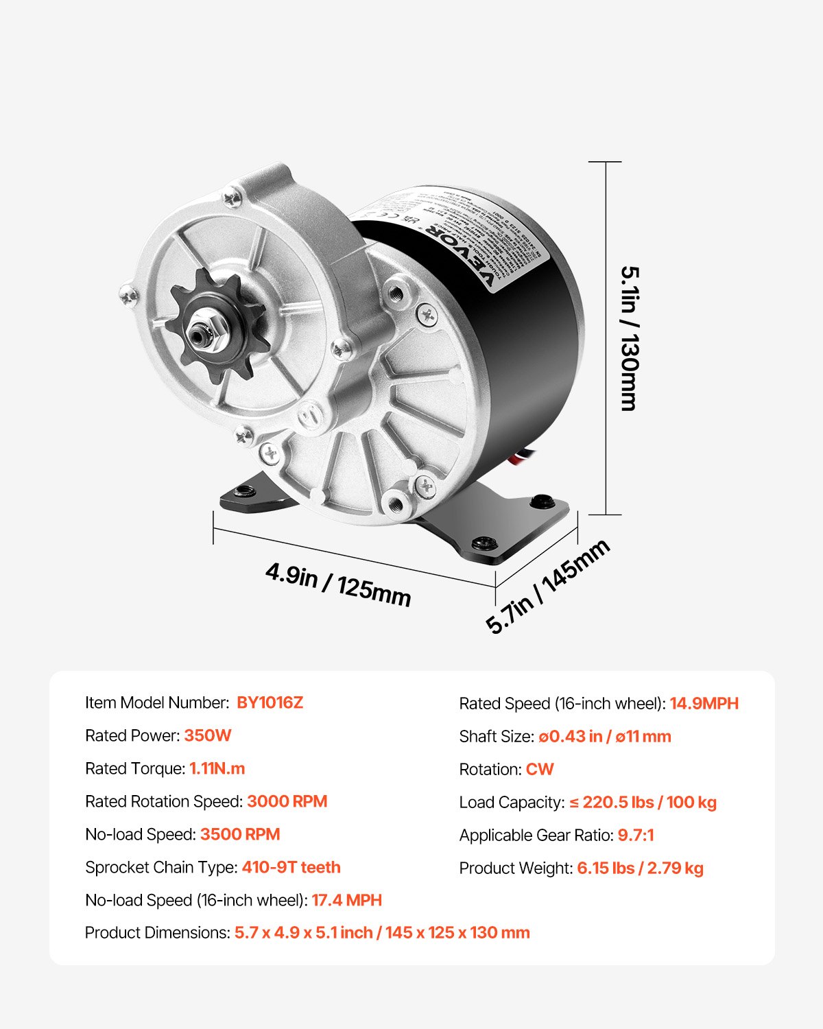 VEVOR Motor Eléctrico Potente de CC de 350 W, Motor Eléctrico para Karts de 24 V y 3000 RPM, Motor Eléctrico para Motos de Cross, Scooters y Bicicletas Eléctricas, 1,11 N.m, 145 x 125 x 130 mm