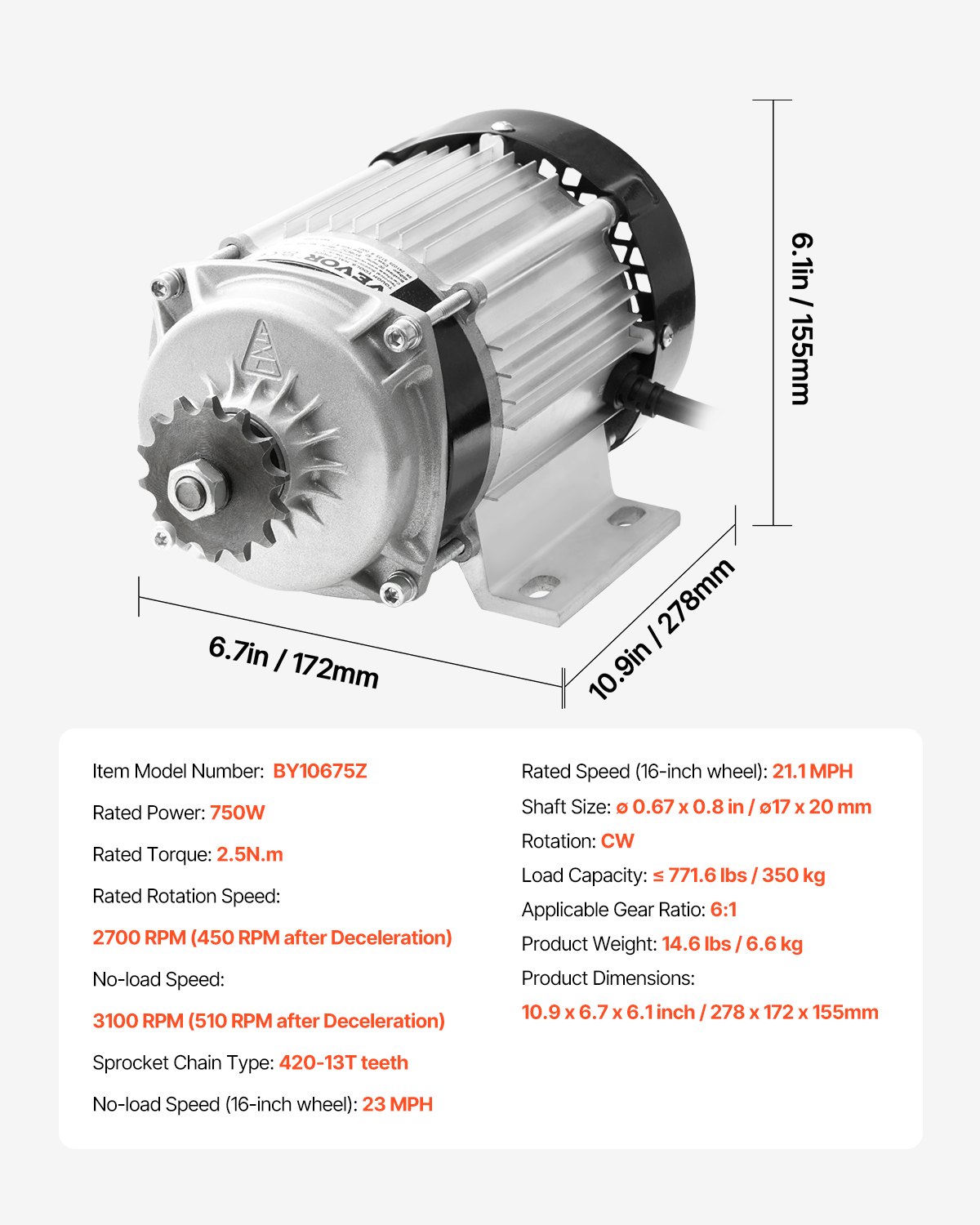 VEVOR Kit de Motor Eléctrico sin Escobillas de CC 750 W: Motor de 48 V y 2700 RPM con Controlador de Velocidad Mejorado para Karts, Bicicletas Eléctricas, Motocicletas y Scooters, 278 x 172 x 155 mm
