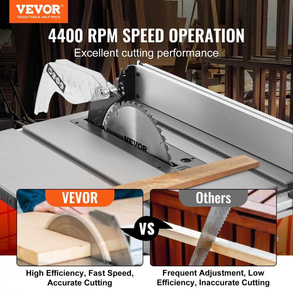 VEVOR Sierra Circular de Mesa Capacidad de Corte 625 mm Sierra de Mesa 4400 rpm 1800 W Corte Transversal 85 mm 90° Corte Biselado 60 mm 45° para Corte de Madera Carpintería Taller Interior Exterior