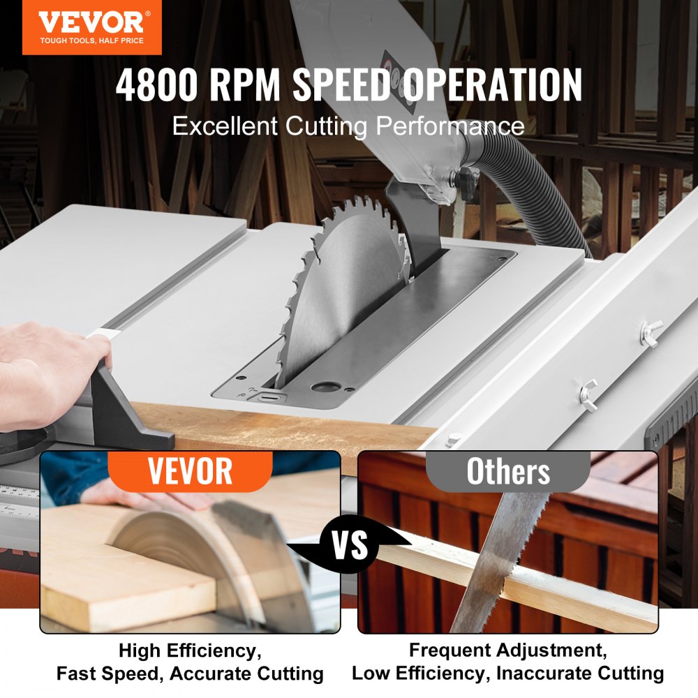 VEVOR Sierra Circular de Mesa Capacidad de Corte 625 mm Sierra de Mesa 4800 rpm 1800 W Corte Transversal 85 mm 90° Corte Biselado 55 mm 45° para Corte de Madera Carpintería Taller Interior Exterior