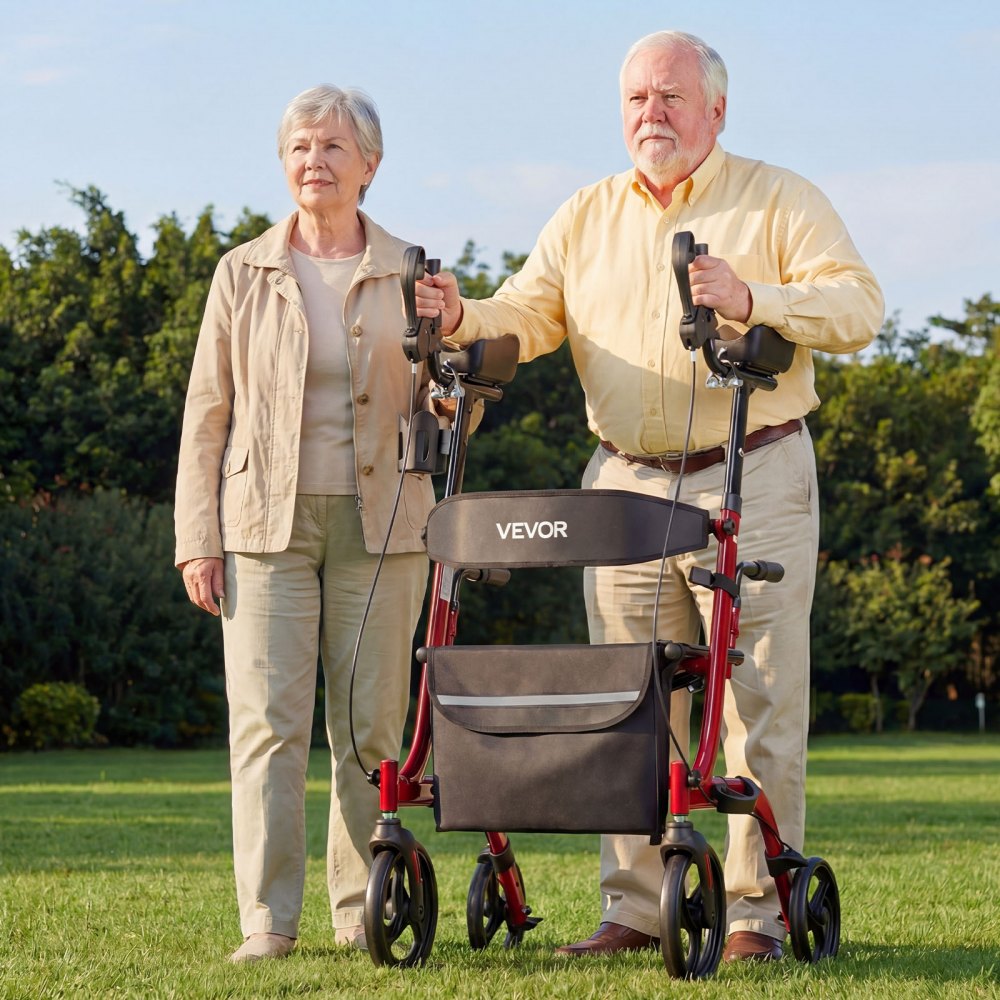 VEVOR Andador para Ancianos con Asiento Soporta 136 kg, Ruedas de PU, Silla de Transporte Plegable, Reposabrazos Ajustable, Rollator Aleación de Aluminio para Personas Mayores Exterior Paseos Compras