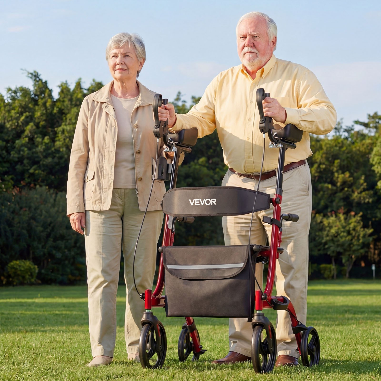 VEVOR Andador para Ancianos con Asiento Soporta 136 kg, Ruedas de PU, Silla de Transporte Plegable, Reposabrazos Ajustable, Rollator Aleación de Aluminio para Personas Mayores Exterior Paseos Compras