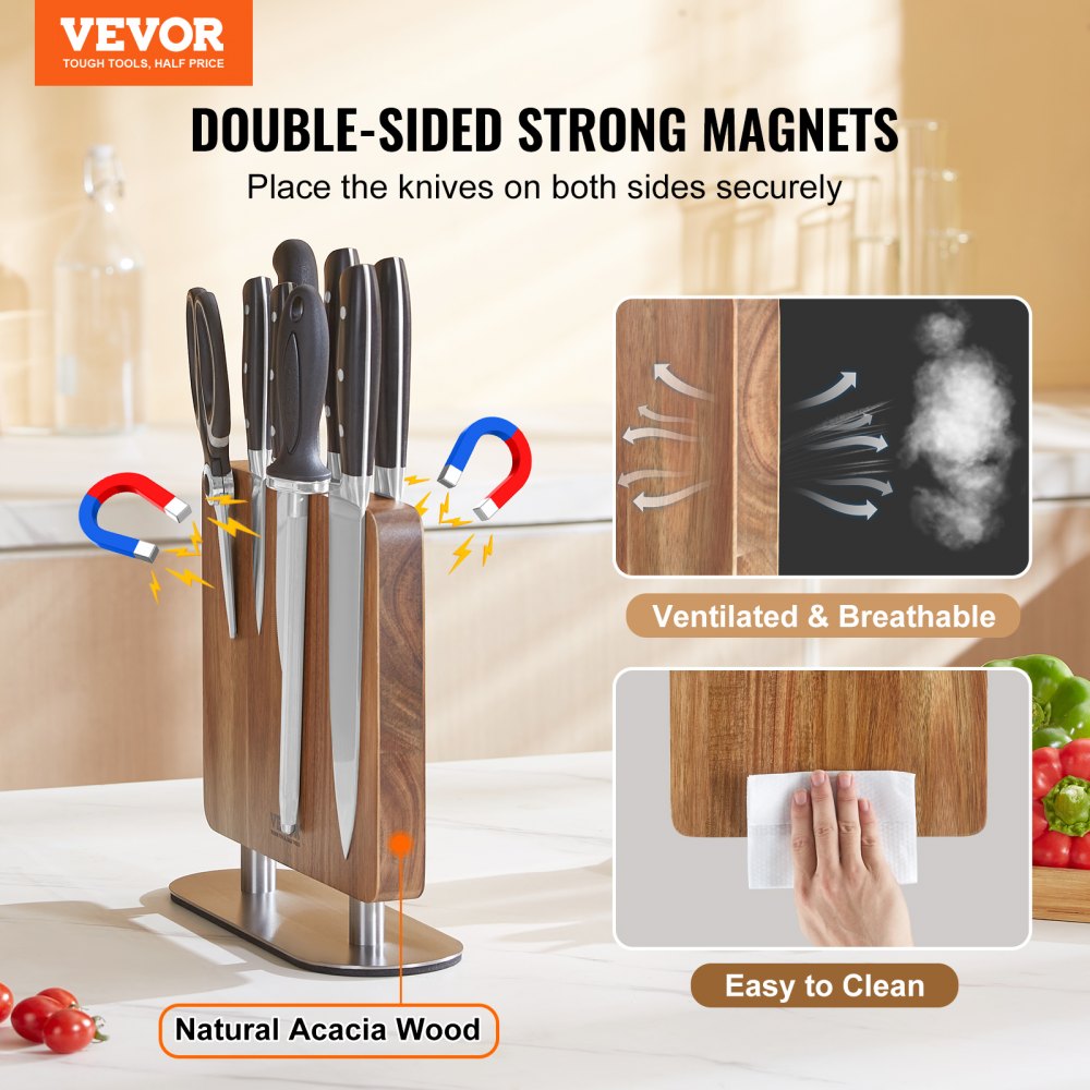 VEVOR Bloque Magnético para Cuchillos de 26 cm Tabla Magnética de Doble Cara Porta Cuchillos de Madera de Acacia Soporte Multifunción para Cuchillos, Utensilios, Herramientas de Cocina, Restaurante