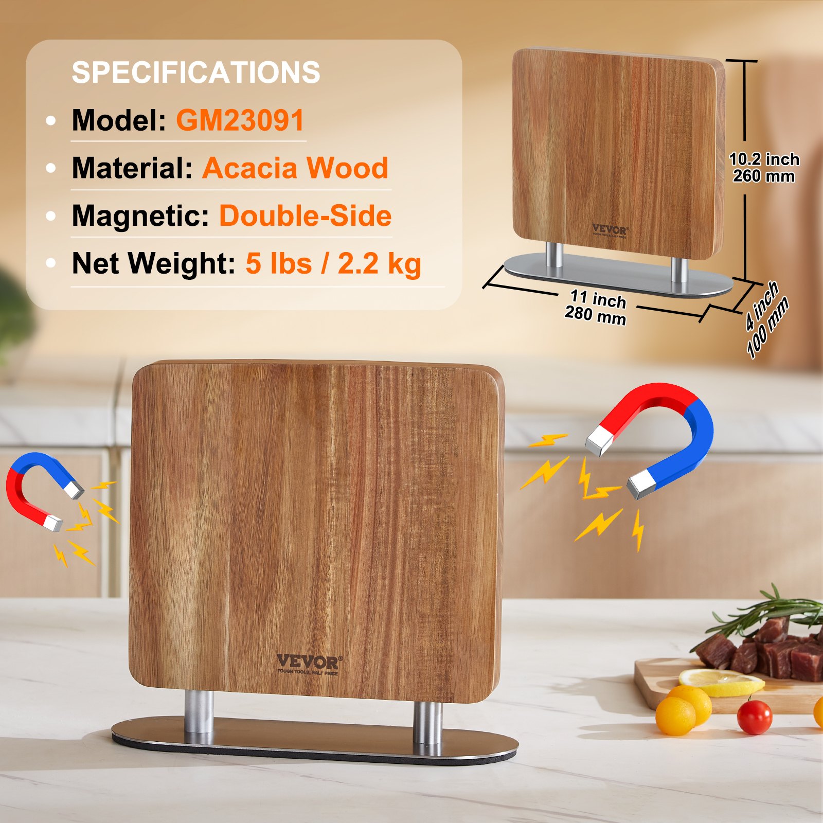 VEVOR Bloque Magnético para Cuchillos de 26 cm Tabla Magnética de Doble Cara Porta Cuchillos de Madera de Acacia Soporte Multifunción para Cuchillos, Utensilios, Herramientas de Cocina, Restaurante