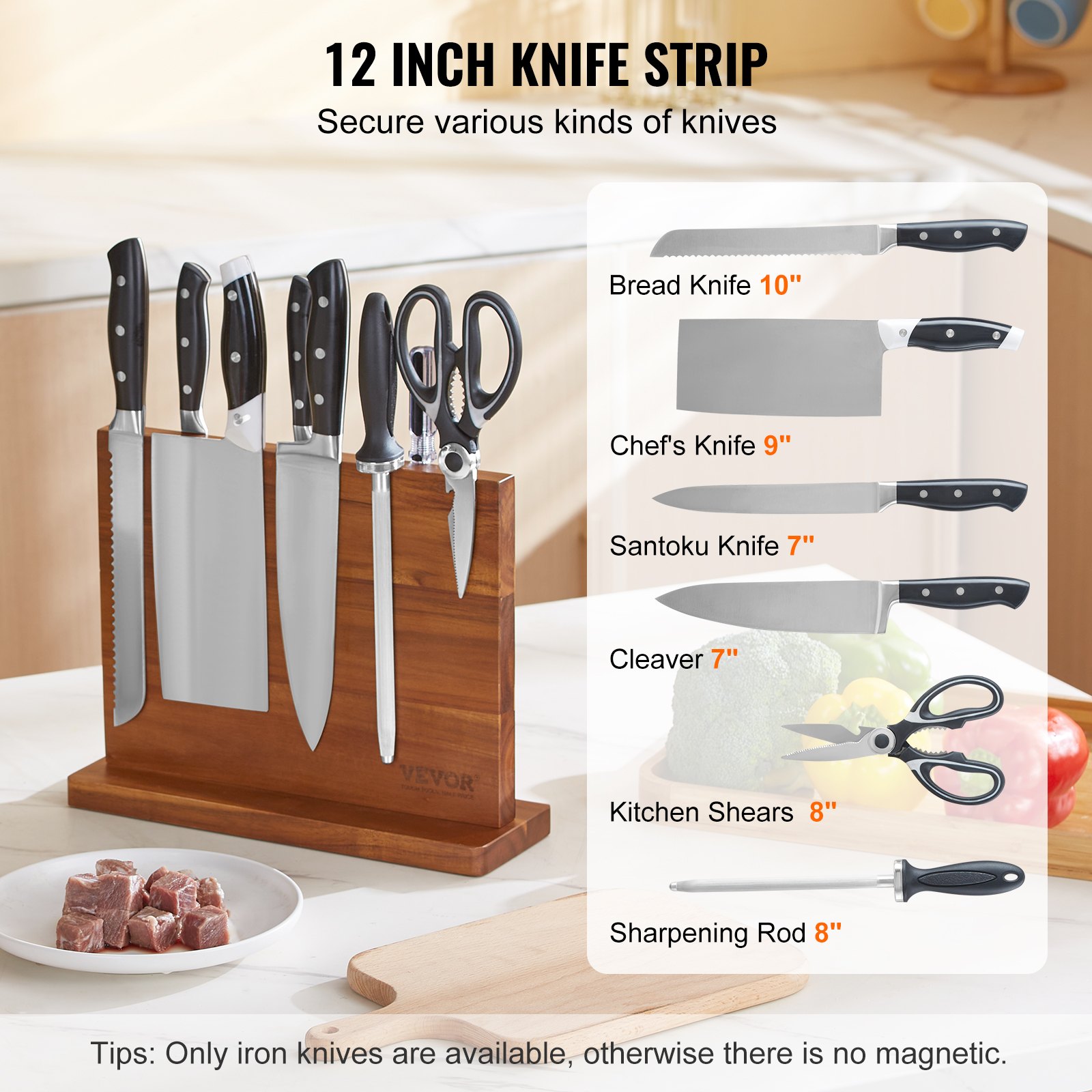 VEVOR Porta cuchillos magnético extra potente de 32 cm Porta cuchillos magnético de doble cara Bloque de cuchillos multifunción en madera de acacia estable para portacuchillos, utensilios de cocina