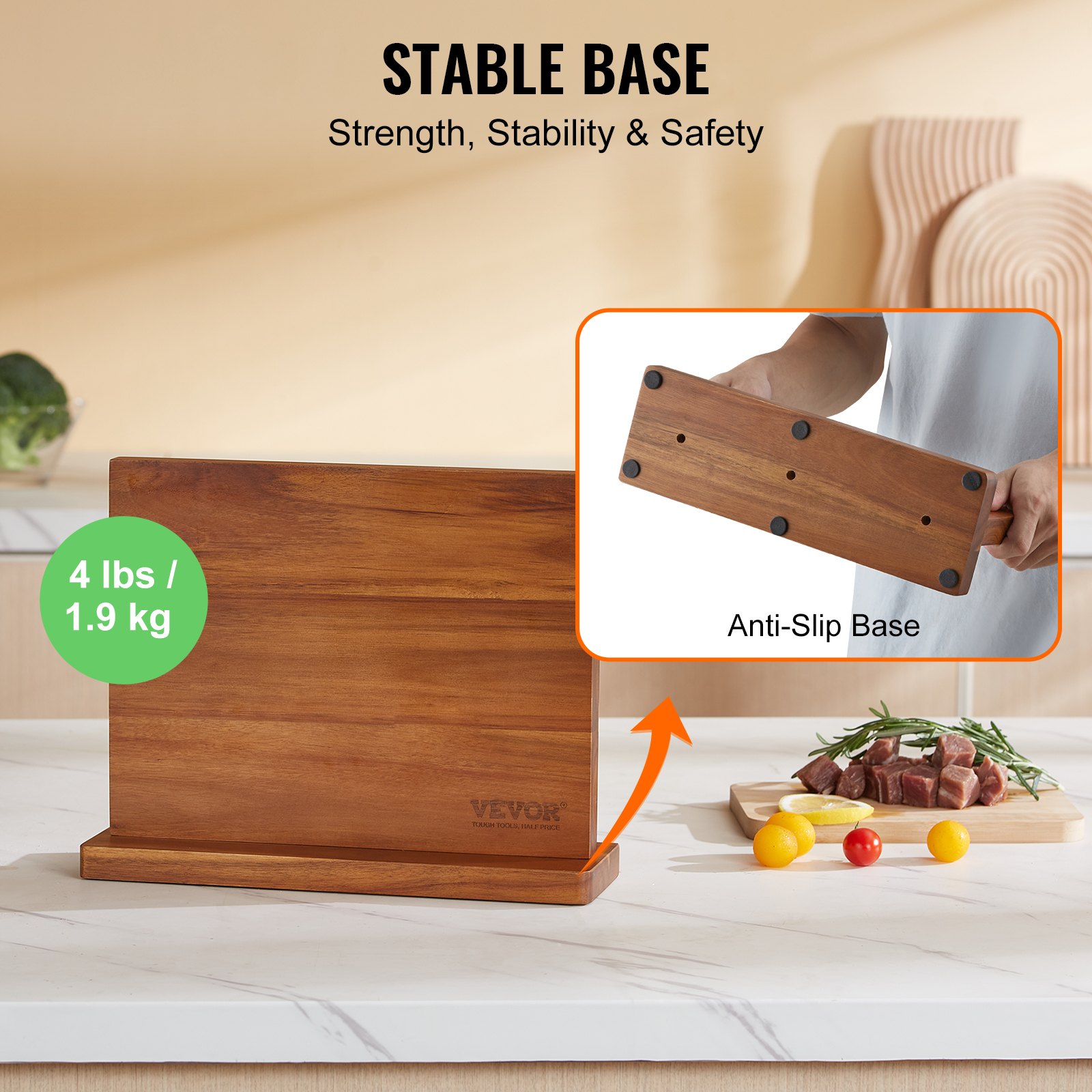 VEVOR Porta cuchillos magnético extra potente de 32 cm Porta cuchillos magnético de doble cara Bloque de cuchillos multifunción en madera de acacia estable para portacuchillos, utensilios de cocina