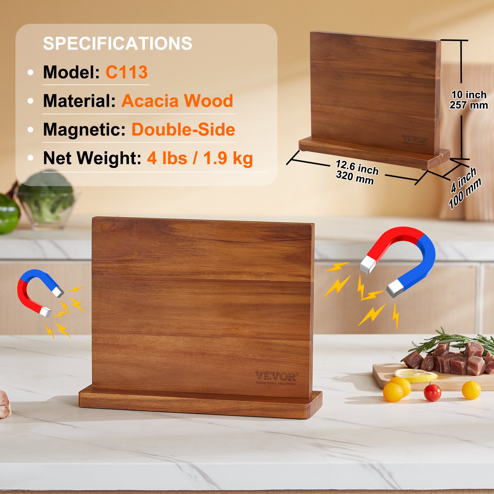 VEVOR Porta cuchillos magnético extra potente de 32 cm Porta cuchillos magnético de doble cara Bloque de cuchillos multifunción en madera de acacia estable para portacuchillos, utensilios de cocina
