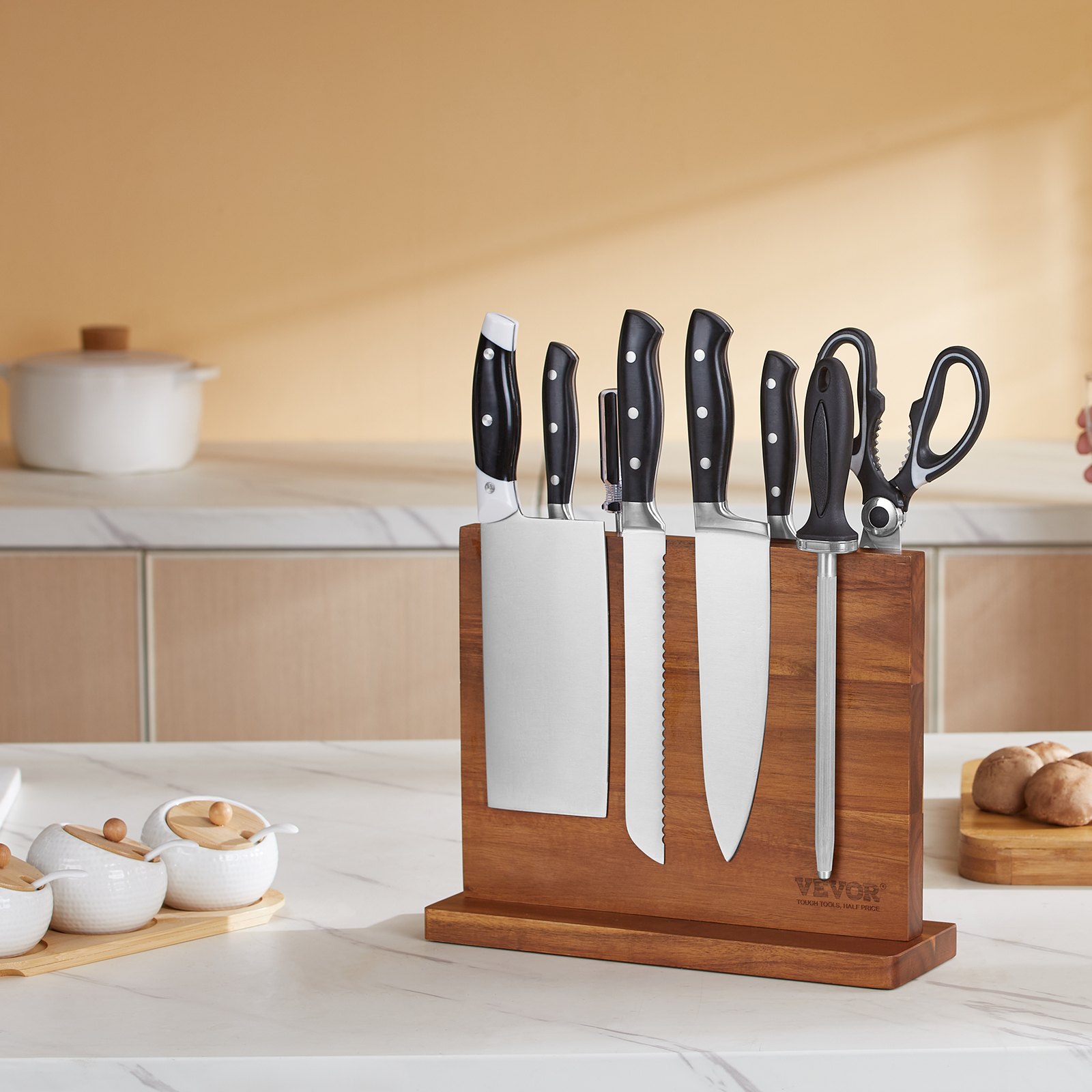 VEVOR Porta cuchillos magnético extra potente de 32 cm Porta cuchillos magnético de doble cara Bloque de cuchillos multifunción en madera de acacia estable para portacuchillos, utensilios de cocina