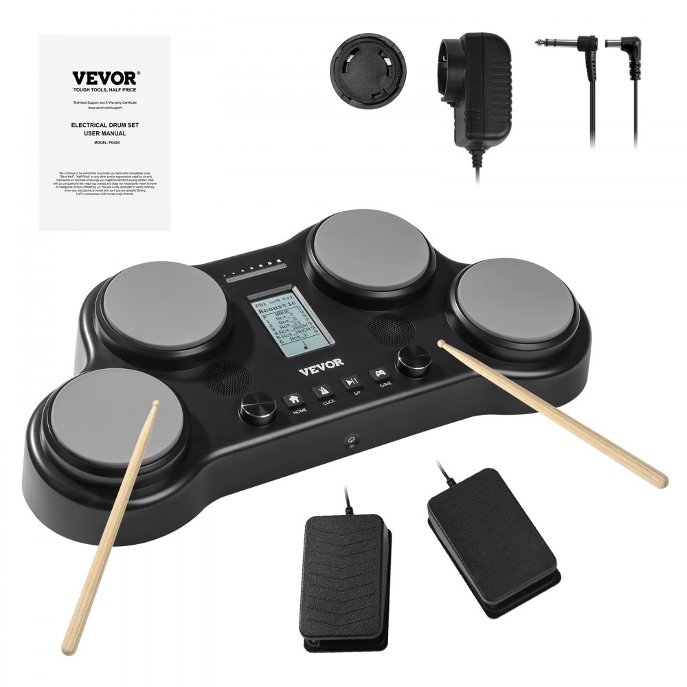 VEVOR E-Drum Set, 163 Sounds, Electronic Drum Set with 4 Pads, Headphone Jack, Integrated Stereo Speakers, 5A Drumsticks, Pedals, MIDI, Instrument for Beginners and Professionals
