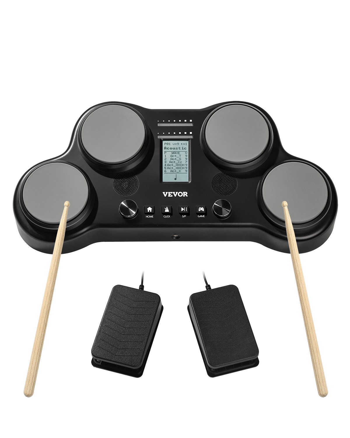 VEVOR E-Drum Set, 163 Sounds, Electronic Drum Set with 4 Pads, Headphone Jack, Integrated Stereo Speakers, 5A Drumsticks, Pedals, MIDI, Instrument for Beginners and Professionals