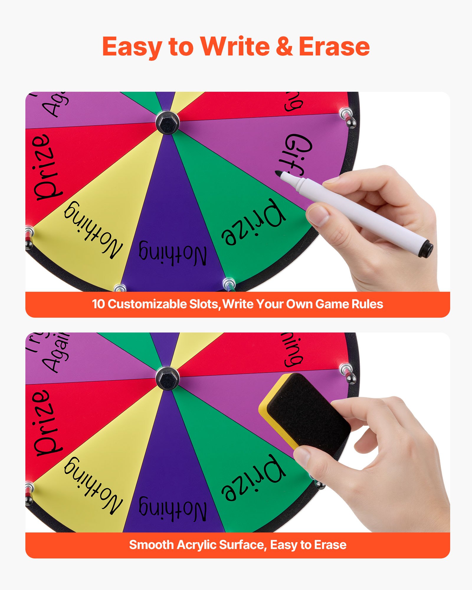 VEVOR Rueda de la Fortuna Interactiva, 10 Ranuras, Soporte, Ruleta Ganadora de Juegos de Lotería con Borrador de Pizarra y 2 Marcadores, 5 Colores, para Fiestas, Pubs, Ferias, 300 x 160 x 390 mm