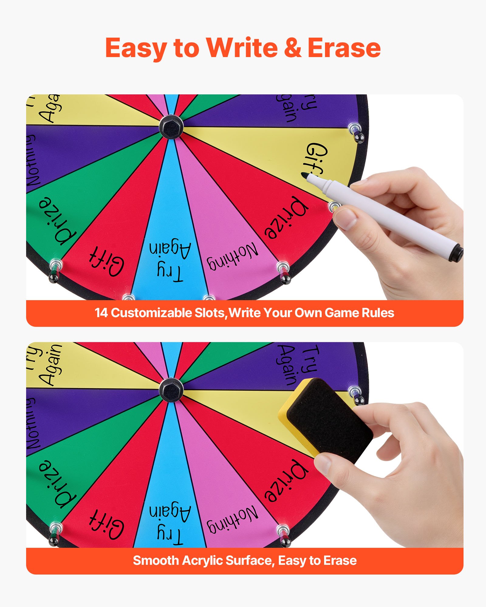 VEVOR Rueda de la Fortuna, 14 Ranuras, con Soporte, Juegos de Lotería Ruleta Ganadora con Borrador de Pizarra y 2 Marcadores, 6 Colores, para Fiestas Pub Ferias Comerciales, 300 x 160 x 390 mm