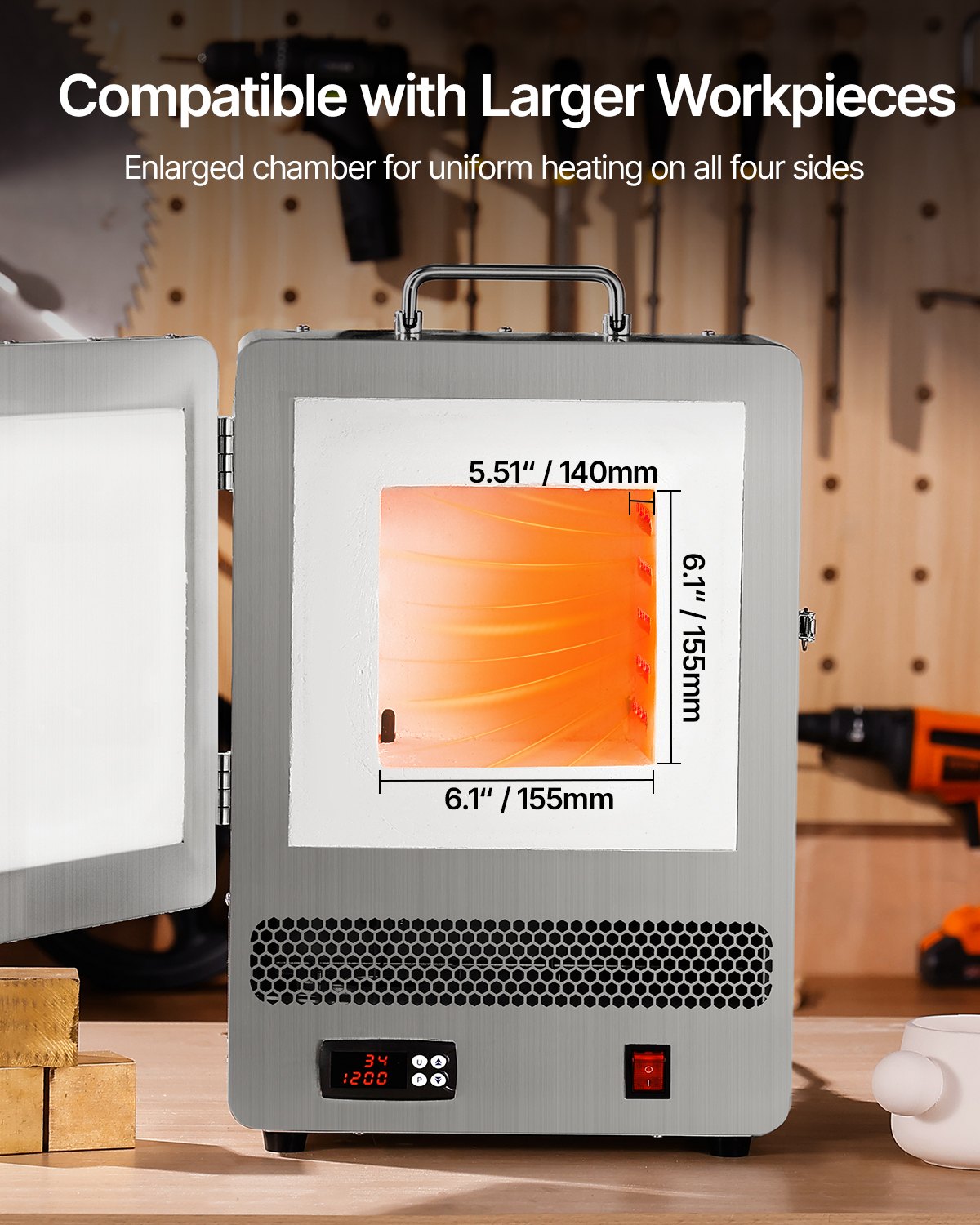VEVOR Horno Fundidor de Sobremesa, 1500 W Horno Potente Eléctrico de Acero Inoxidable Temperatura Máxima de 1200 ℃ de Fundir Oro para Fundición en Cera, Bricolaje con Arcilla, Templado de Metales