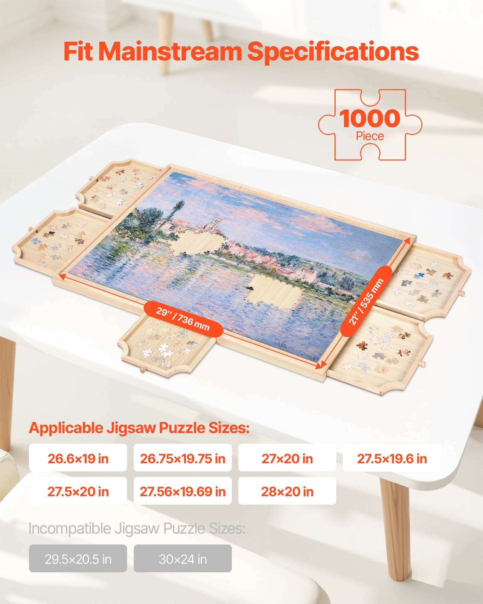 VEVOR 1000 Piece Rotating Puzzle Board with 5 Drawers and Cover, 74x53cm Portable Wooden Table, Jigsaw Puzzle Accessories for Adults, Puzzles Organizer Storage System, Birthday Gift for Mom