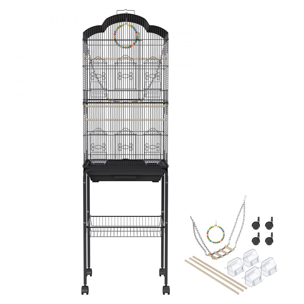 Jaula para pájaros VEVOR con soporte, juguete, perchas, comederos y ruedas en color negro.
