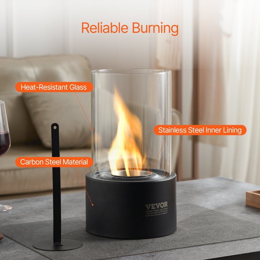 VEVOR Fire Pit, φ160x285mm Metal Tabletop Fireplace, Indoor & Outdoor Decoration, Fire Bowl for Alcohol Use, S'mores Maker with Glass, Fire Basket for Patio & Balcony with Fire Extinguisher Cover