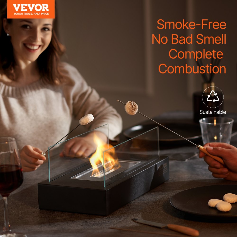 VEVOR Brasero de Mesa, Chimenea de Metal para Decoración Interior Exterior, Quemador Portátil de Alcohol para Hacer Smores con Vidrio, para Patio, Balcón con Extintor, Rectangular, 350 x 180 x 140 mm