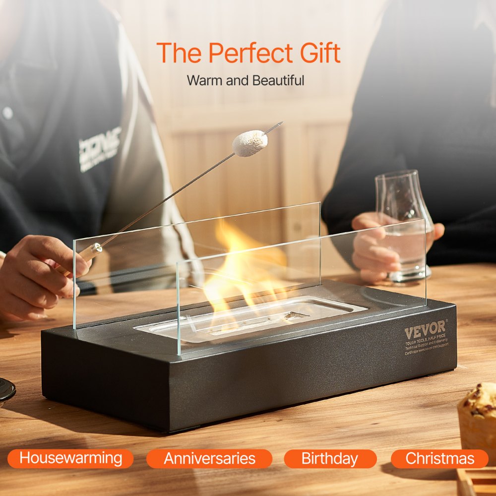 VEVOR Brasero de Mesa, Chimenea de Metal para Decoración Interior Exterior, Quemador Portátil de Alcohol para Hacer Smores con Vidrio, para Patio, Balcón con Extintor, Rectangular, 350 x 180 x 140 mm