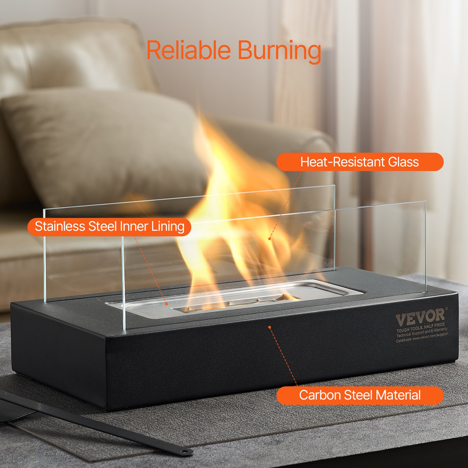 VEVOR Brasero de Mesa, Chimenea de Metal para Decoración Interior Exterior, Quemador Portátil de Alcohol para Hacer Smores con Vidrio, para Patio, Balcón con Extintor, Rectangular, 350 x 180 x 140 mm