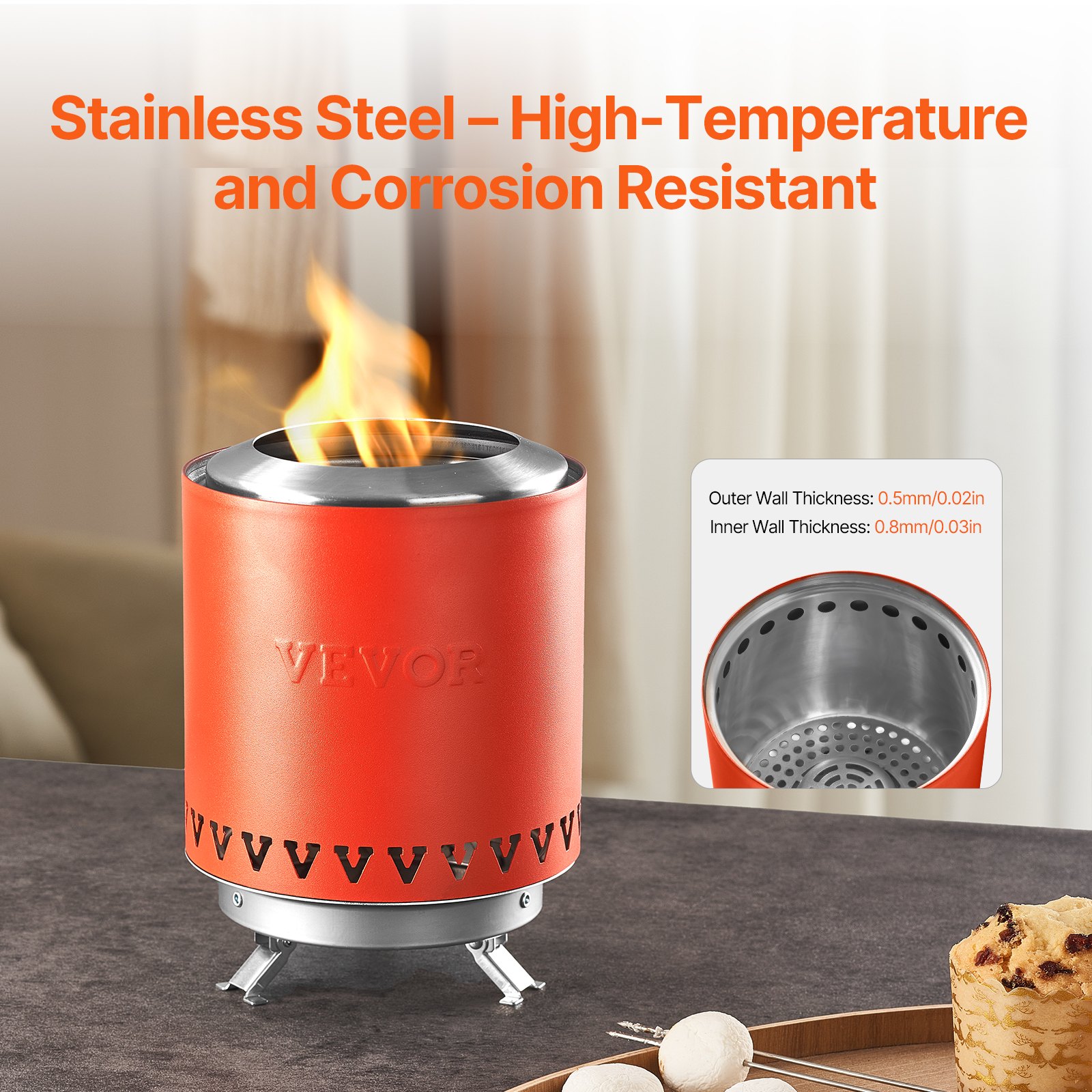 VEVOR Brasero de Mesa, Chimenea de Acero Inoxidable para Interior y Exterior, Quemador Portátil para Frotar, con Soporte, Alimentado con Leña o Pellets para Acampar, Patio, Rojo, Φ 150 x 205 mm