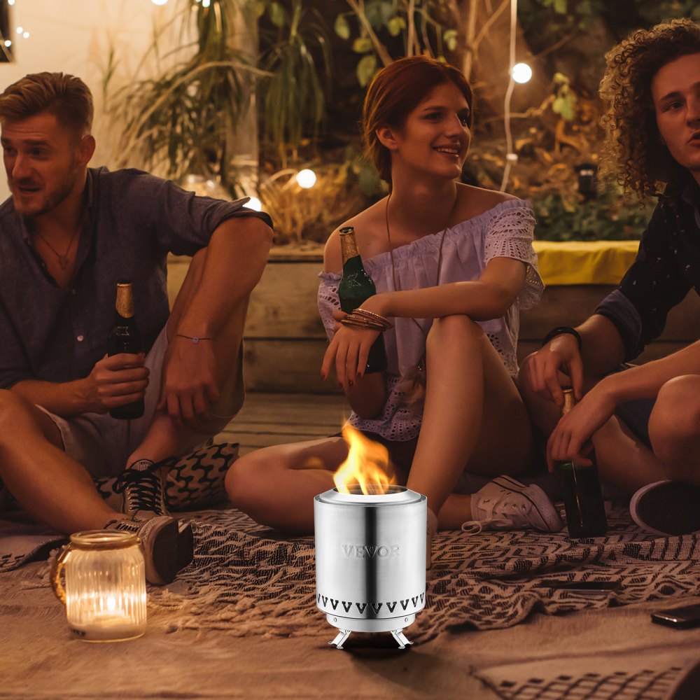 VEVOR Brasero de Mesa de Acero Inoxidable para Interior y Exterior, Quemador Portátil de Alcohol Isopropílico, para Hacer Smores, Leña o Pellets para Acampar, Patio, Cilindro Plateado, Φ 150 x 205 mm