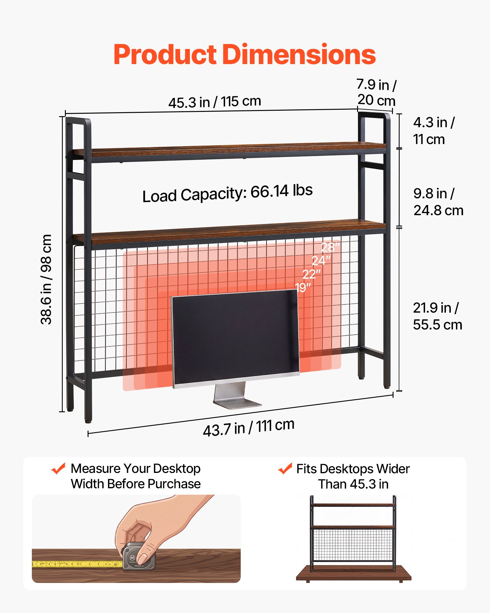 VEVOR Estantería de Escritorio para Ordenador Organizador de Mesa 3 Niveles, Almacenamiento de Objetos para Estudio Oficina Dormitorio, Estructura de Metal y Madera, con Rejilla Patas Antideslizantes