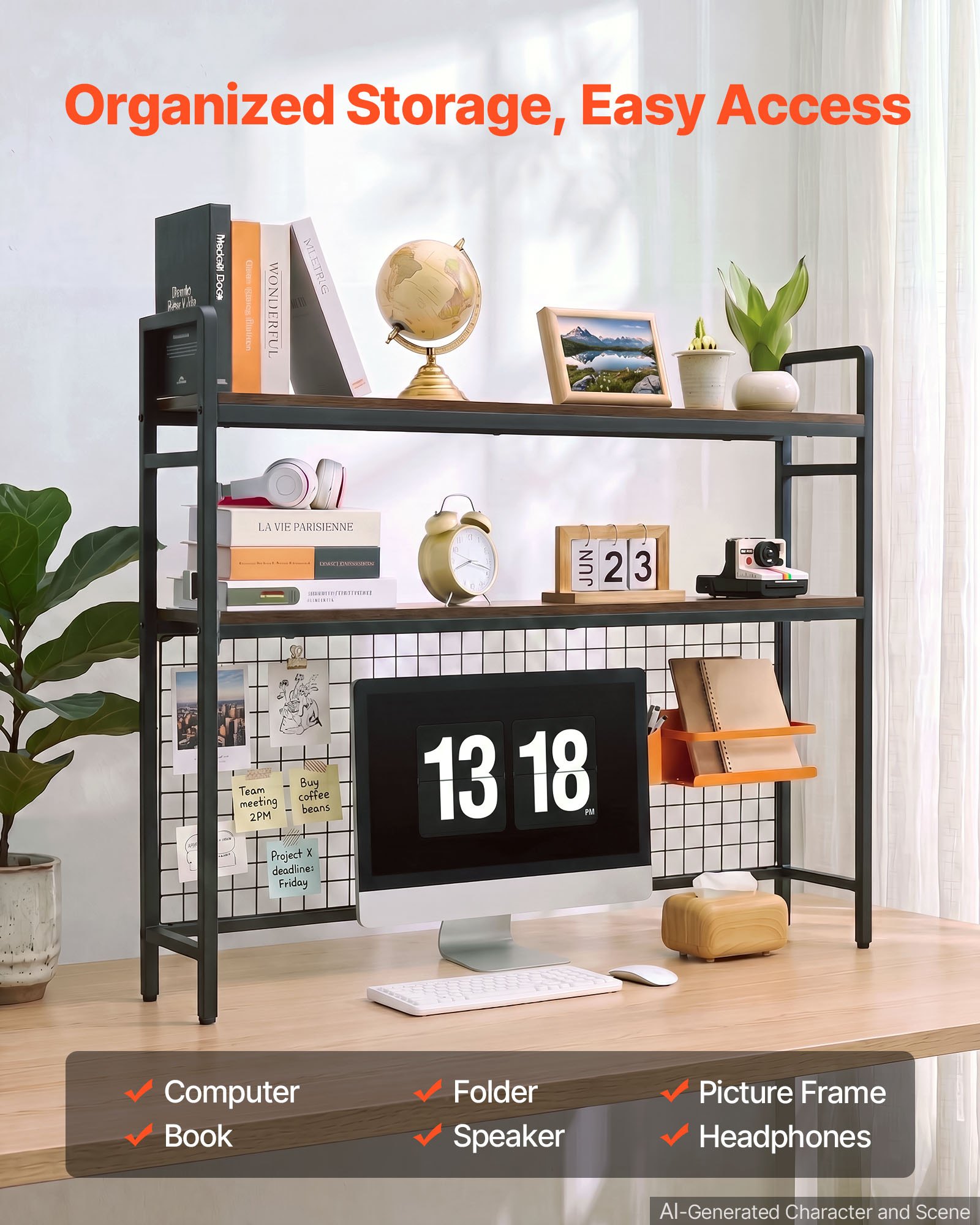 VEVOR Estantería de Escritorio para Ordenador Organizador de Mesa 3 Niveles, Almacenamiento de Objetos para Estudio Oficina Dormitorio, Estructura de Metal y Madera, con Rejilla Patas Antideslizantes