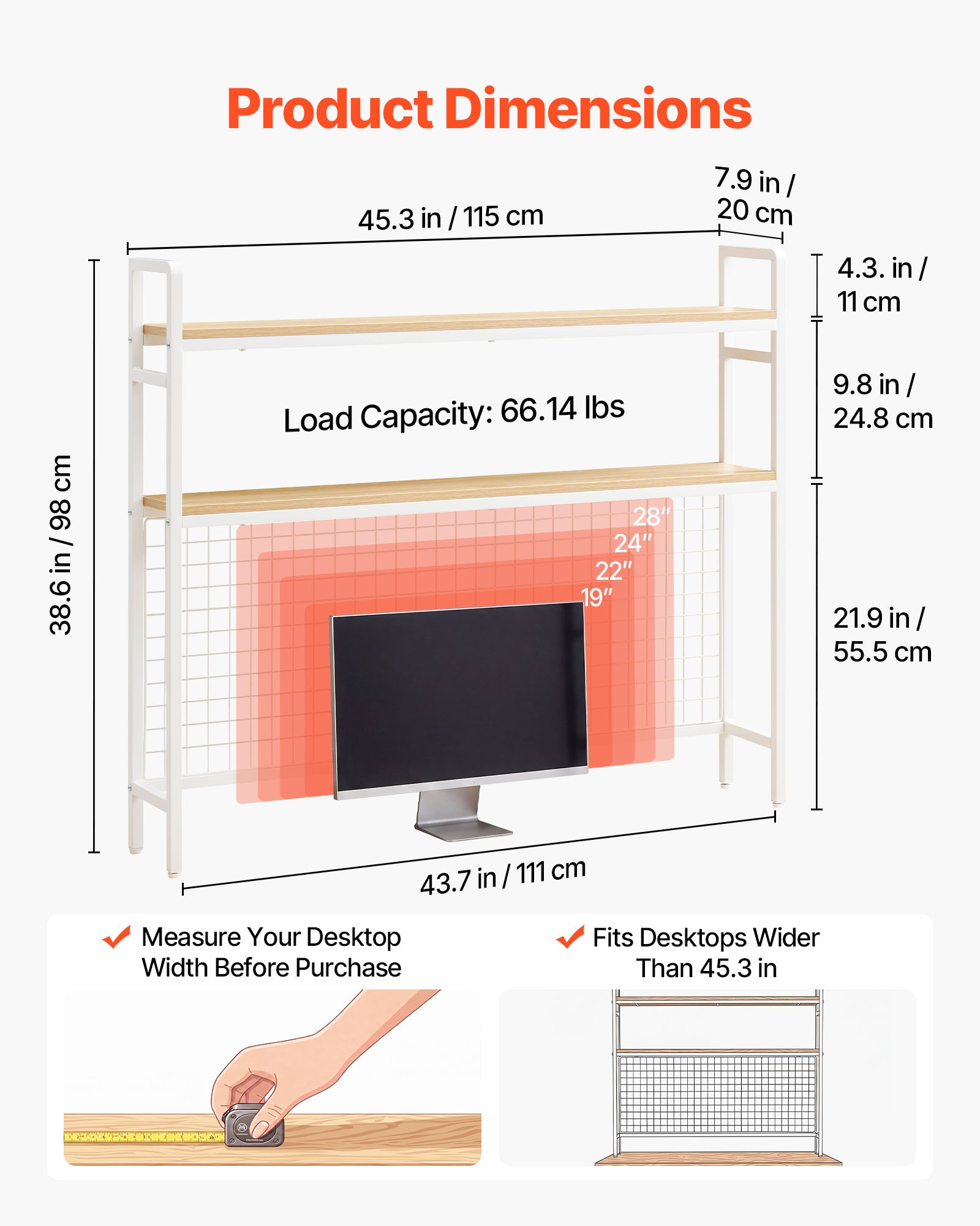 VEVOR Estantería de Escritorio para Ordenador 3 Niveles Organizador de Mesa, Almacenamiento para Oficina Cocina Estudio, de Metal y Madera, con Rejilla, Almohadilla Antideslizante, para Computadora