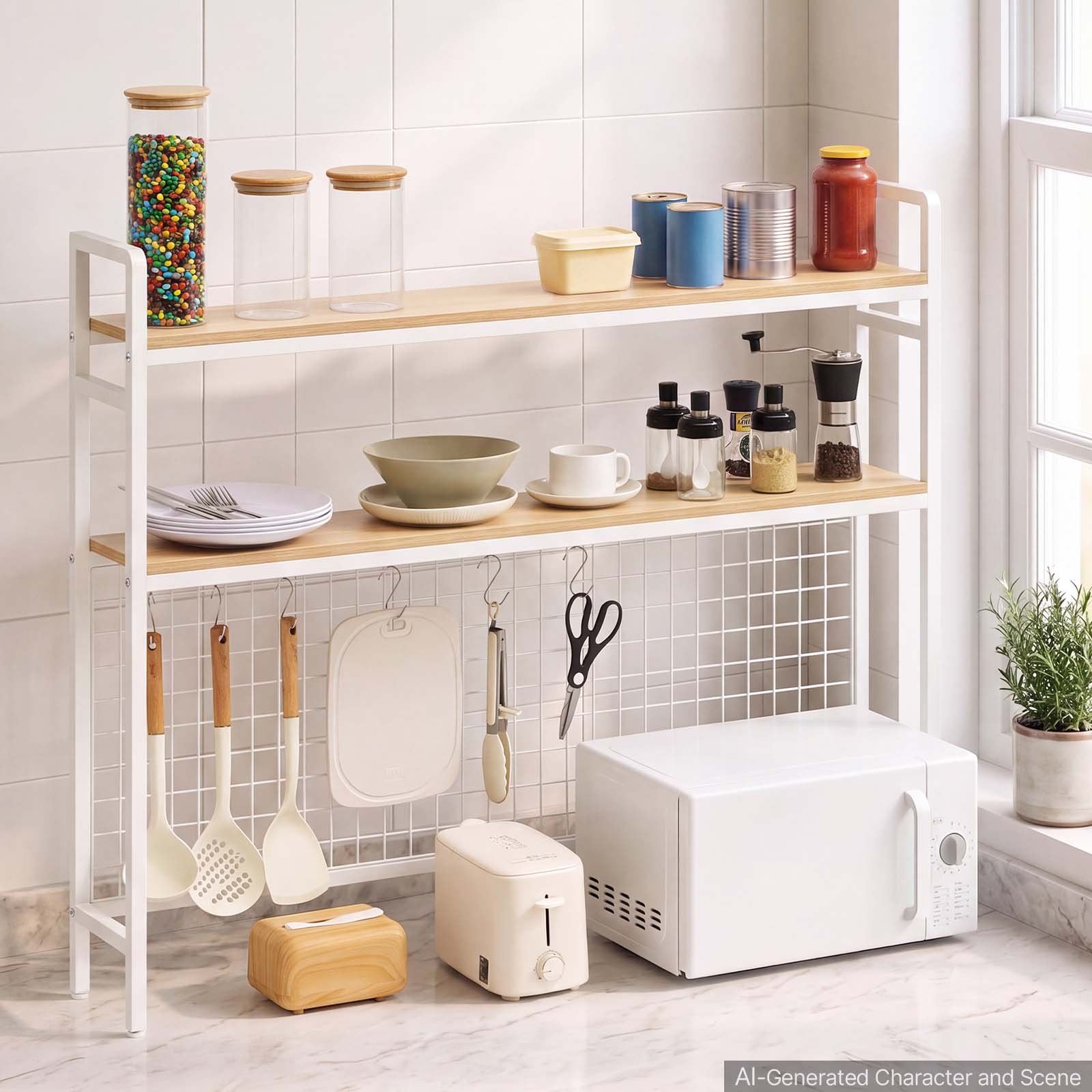 VEVOR Estantería de Escritorio para Ordenador 3 Niveles Organizador de Mesa, Almacenamiento para Oficina Cocina Estudio, de Metal y Madera, con Rejilla, Almohadilla Antideslizante, para Computadora