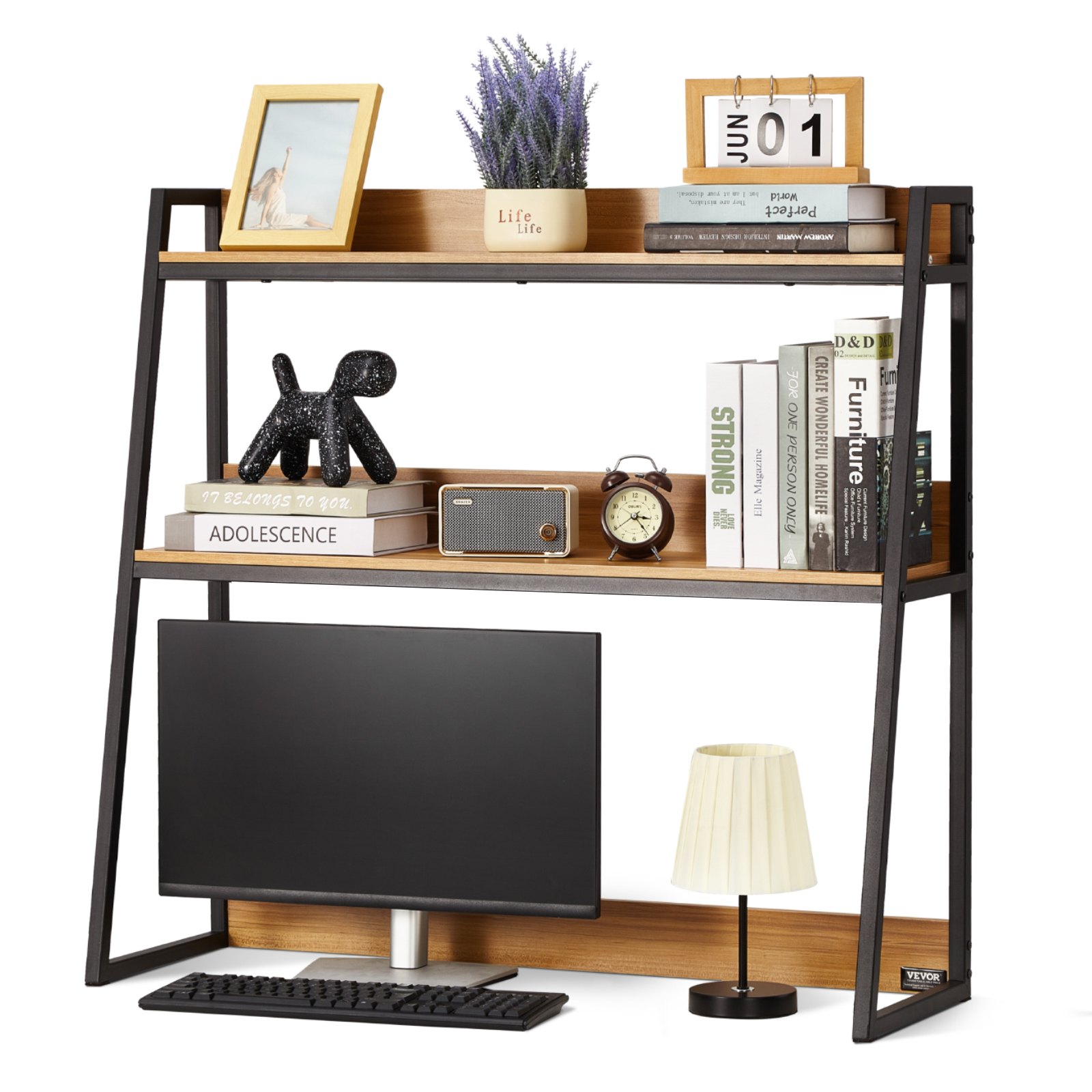 VEVOR Desk Bookshelf 2-Tier Organizer (95 x 32 x 90 cm) Tabletop Shelves Organizer Display Shelf made of Chipboard + Melamine Paper + Q195A, Shelf with Non-Slip Feet, Office Black