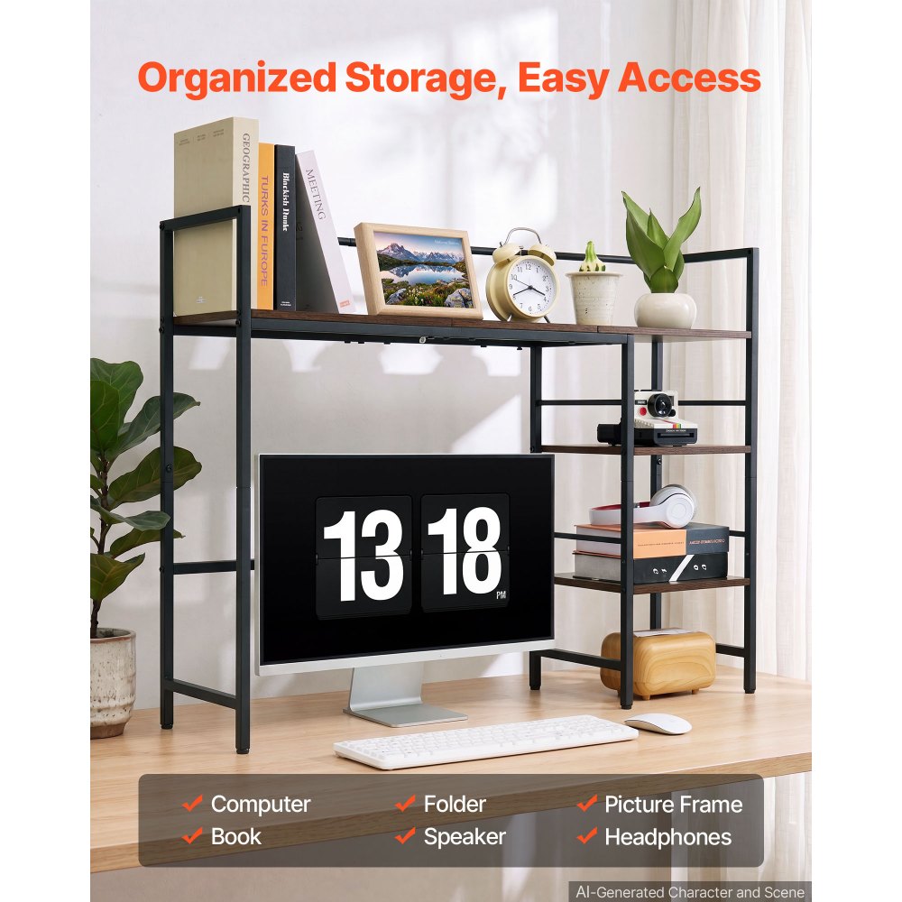 VEVOR Estantería de Escritorio 4 Niveles Organizador de Mesa para Ordenador, Almacenamiento para Oficina Estudio Cocina, Marco de Metal y Madera, Almohadilla Antideslizante, para Computadora, Negro