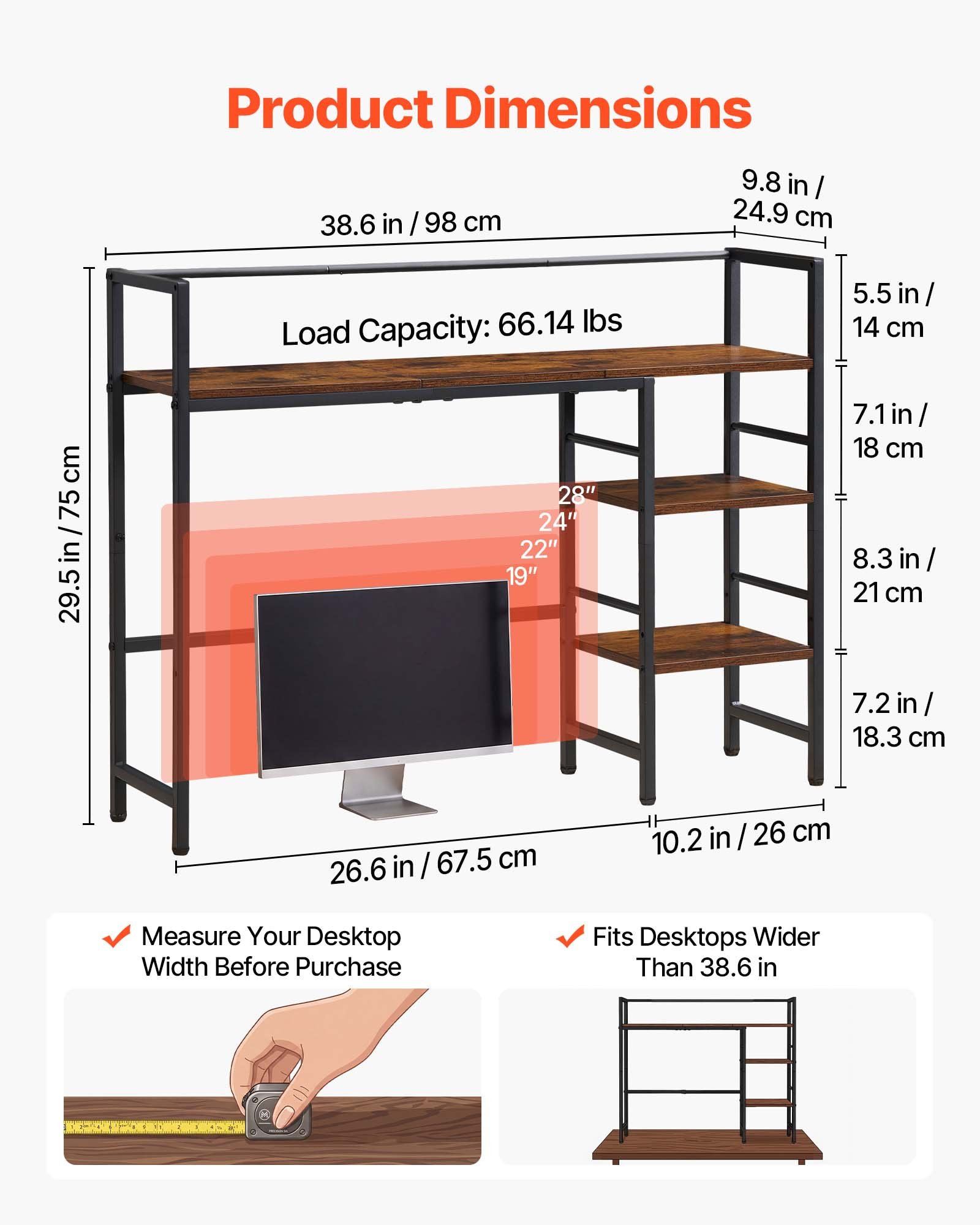 VEVOR Estantería de Escritorio 4 Niveles Organizador de Mesa para Ordenador, Almacenamiento para Oficina Estudio Cocina, Marco de Metal y Madera, Almohadilla Antideslizante, para Computadora, Negro