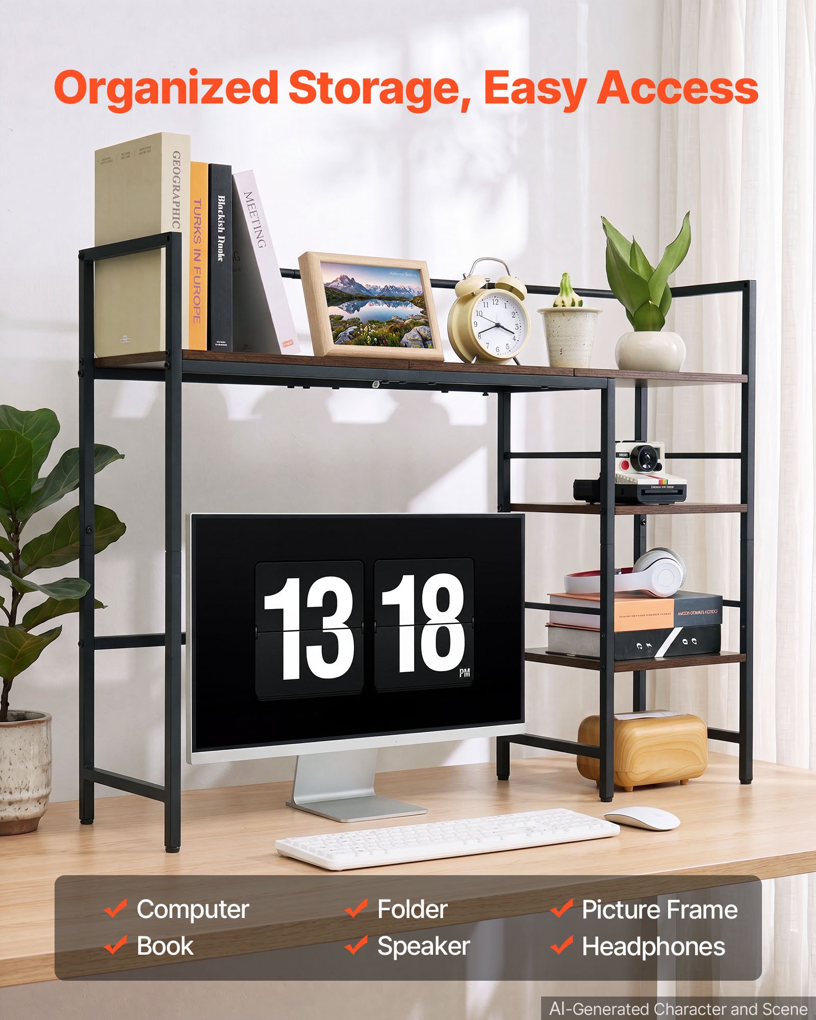 VEVOR Estantería de Escritorio 4 Niveles Organizador de Mesa para Ordenador, Almacenamiento para Oficina Estudio Cocina, Marco de Metal y Madera, Almohadilla Antideslizante, para Computadora, Negro