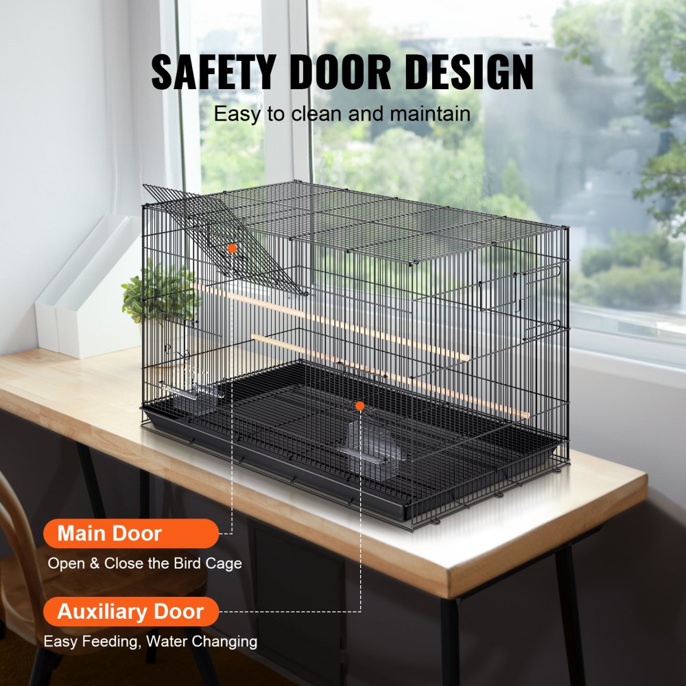 VEVOR Jaula de Vuelo para Pájaros 76 x 46 x 45,5 cm Jaula para Pájaros de Metal con Manija Lateral Puerta Segura Portátil Bandeja Desmontable Perchas Comederos para Pájaros Pequeños Cacatúas Loros